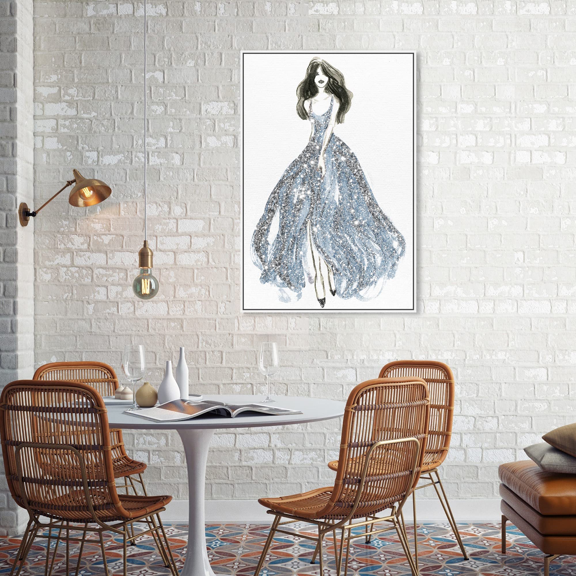 Oliver Gal Artist Co. Fashion Glam Wall Art Canvas Print - Elegant Blue Dress Spring Home Decor - 24x36 Inch White Framed Artwork for Living Room, Bedroom & Office Decor