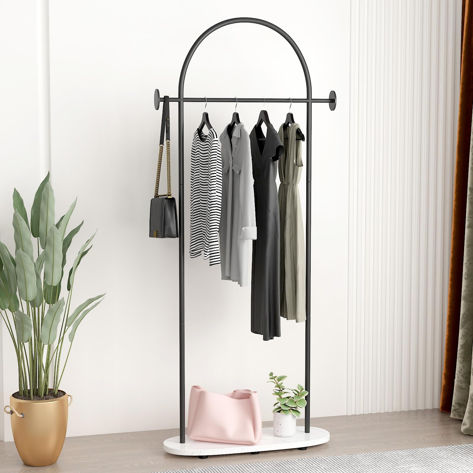 Black Heavy Duty Freestanding Metal Clothing Rack with Shelf & Hooks - Modern Coat Hanger Stand for Boutique, Office & Home Organization | Perfect for Retail Stores, Walk-in Closets & Garment Displays