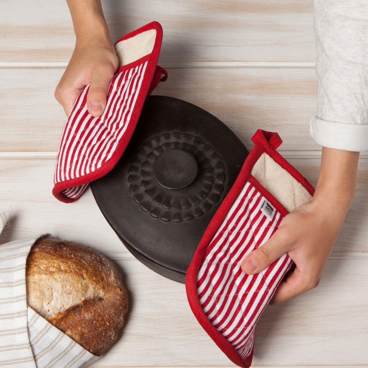 Now Designs Superior Potholder - Heat Resistant Kitchen Oven Mitt with Narrow Red Stripe Pattern for Cooking, Baking and Grilling Safety