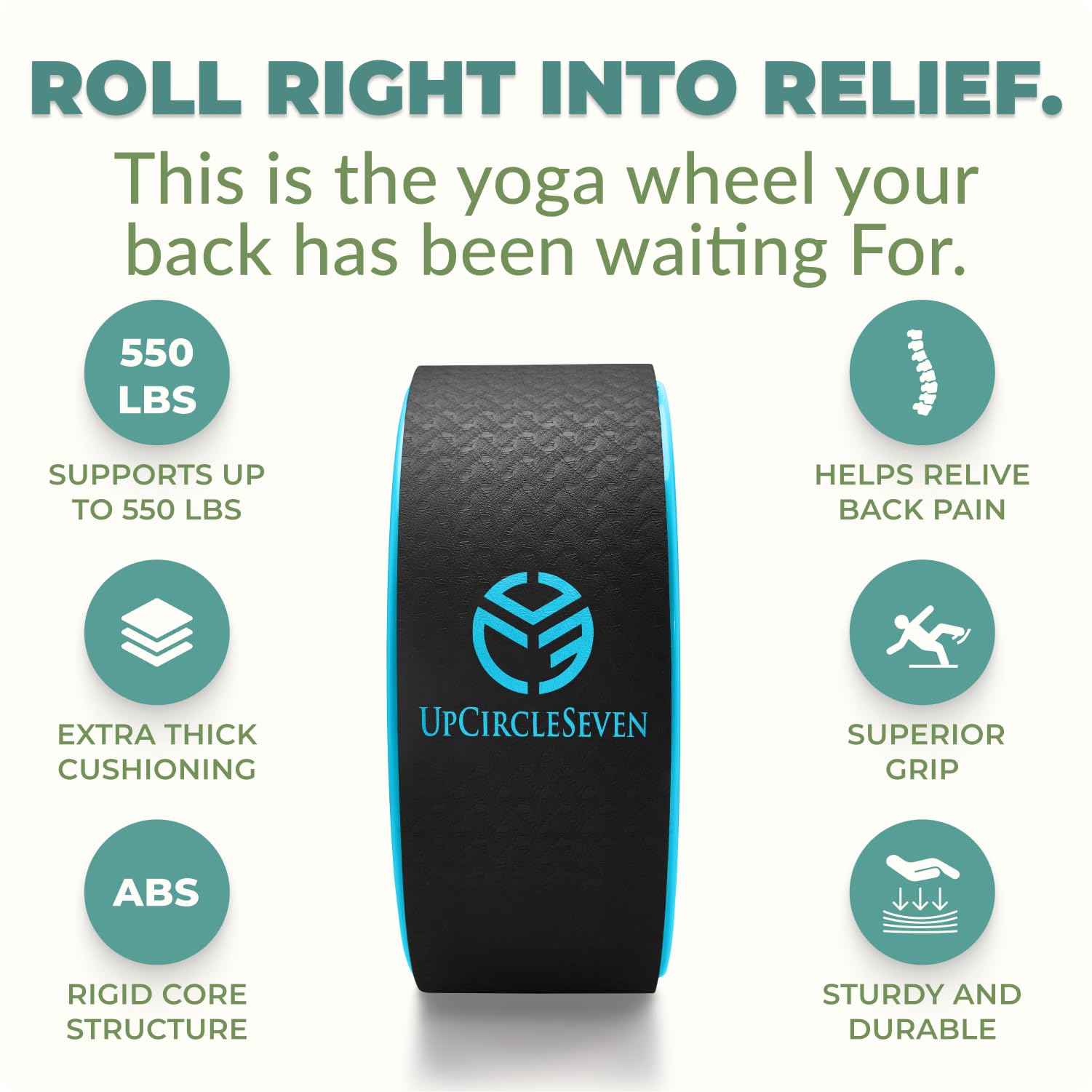 UpCircleSeven Back Roller & Yoga Wheel for Pain Relief - Therapeutic Spine Stretcher to Relieve Back Pain, Improve Mobility & Flexibility - Perfect for Yoga, Pilates & Post-Workout Recovery