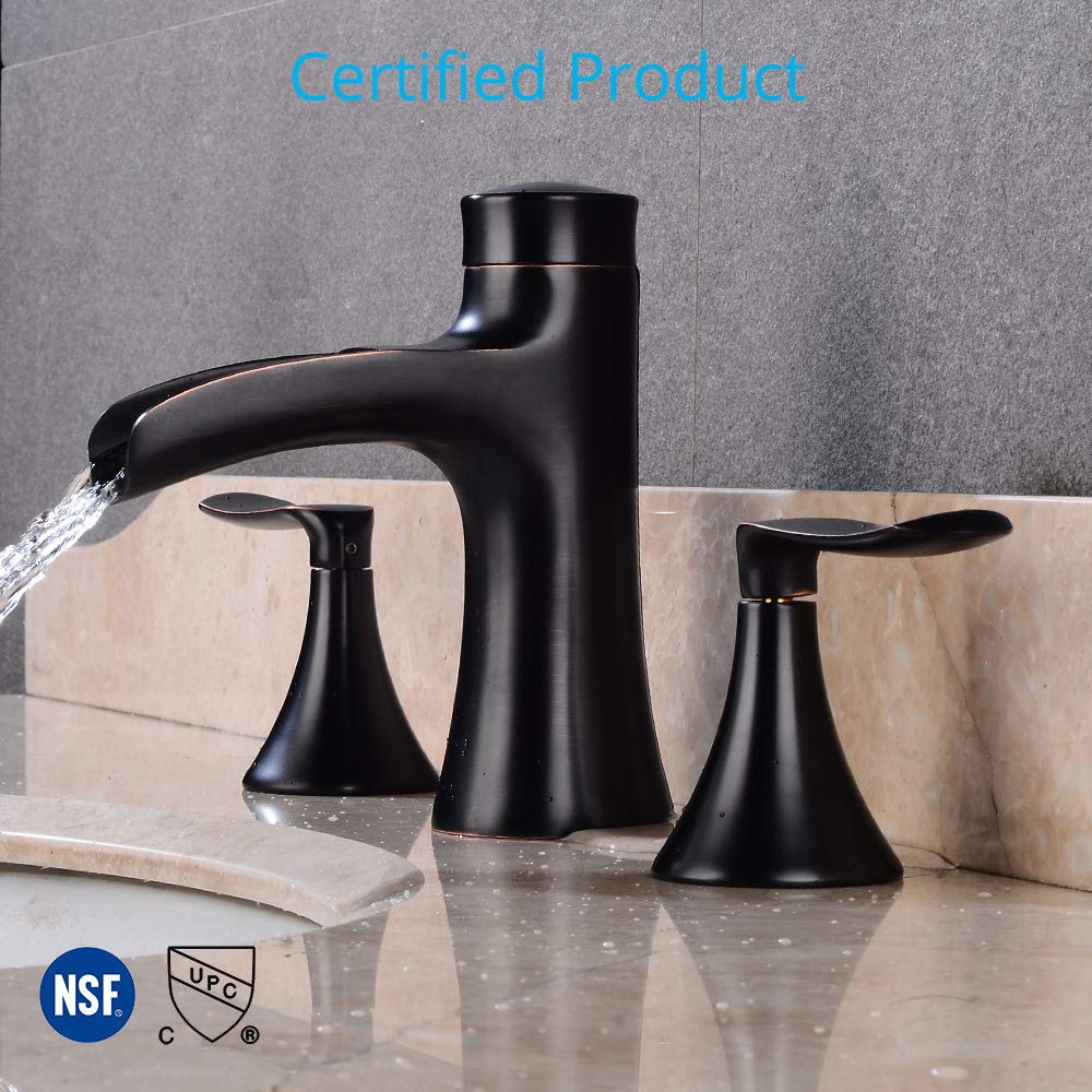 Wovier Oil Rubbed Bronze Waterfall Widespread Bathroom Sink Faucet - Two Handle Three Hole Brass Lavatory Vanity Faucet with Pop Up Drain - 8-16 Inch Basin Mixer Tap for Modern Bathroom & Powder Room