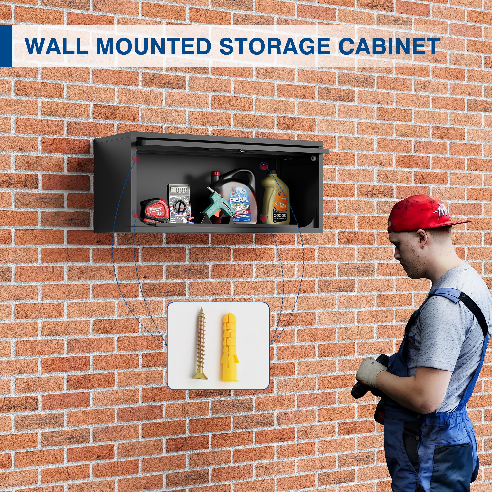 Black Metal Wall Mounted Storage Cabinet with Locking Door - Heavy Duty Garage, Warehouse & Home Office Storage Solution - Easy Assembly - Perfect for Tools, Supplies & Organization