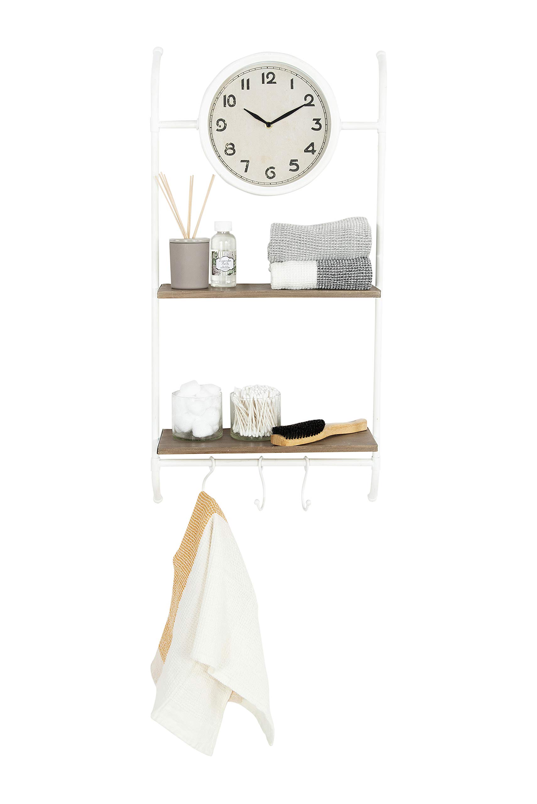 Creative Co-Op 2 Shelves & 3 Hooks Wall Clock in White - Stylish Functional Decor for Living Room, Bedroom, or Office Organization