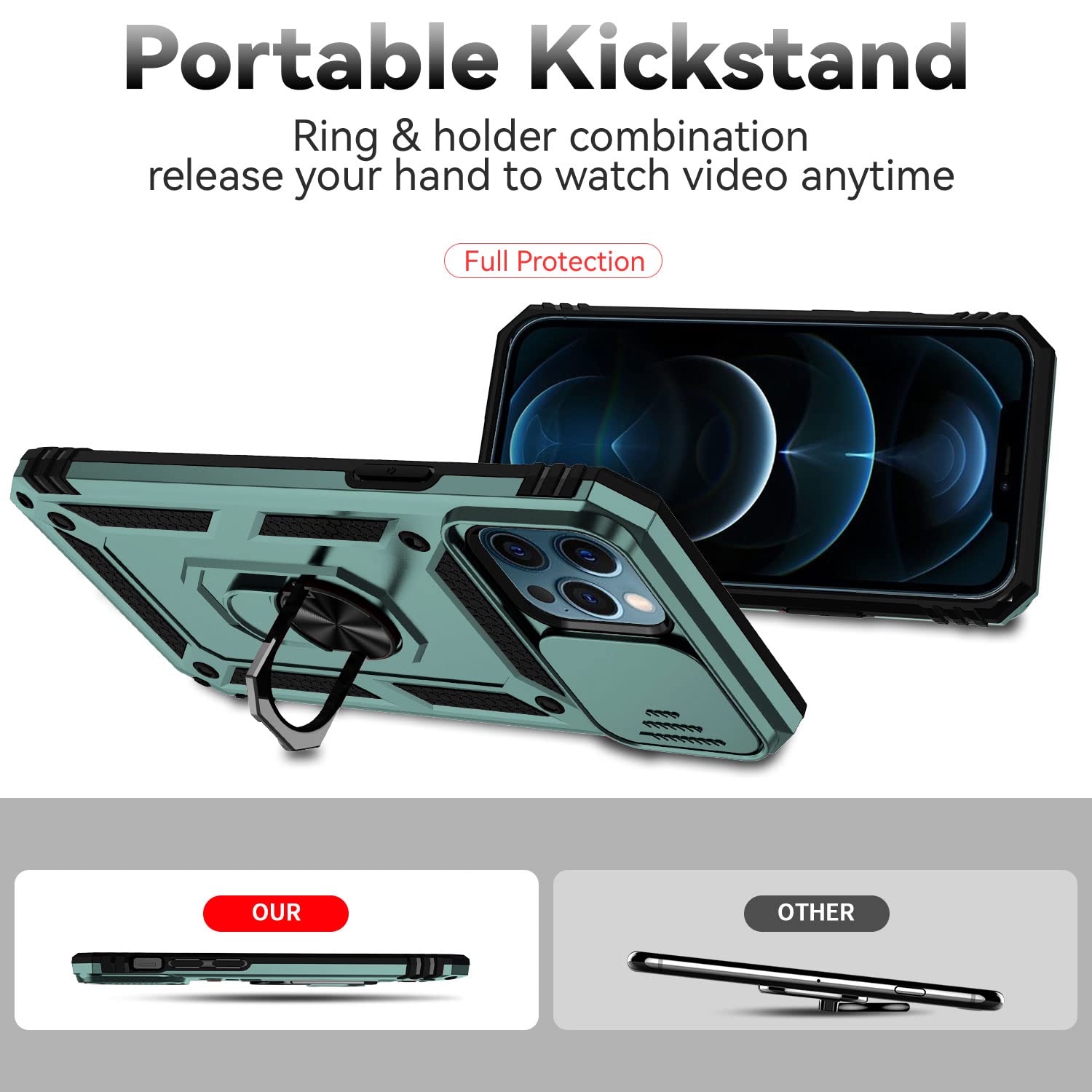 Hitaoyou iPhone 12 Pro Max Case with Camera Cover & Kickstand - Slide Lens Protection, 360° Rotate Ring Stand, Shockproof Bumper Cover for 6.7 inch - Perfect for Outdoor Activities, Travel & Daily Protection