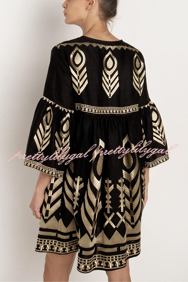 Elegant Gold Printed V-Neck Bell Sleeve Mini Dress for Women - Perfect for Parties, Date Nights & Special Occasions