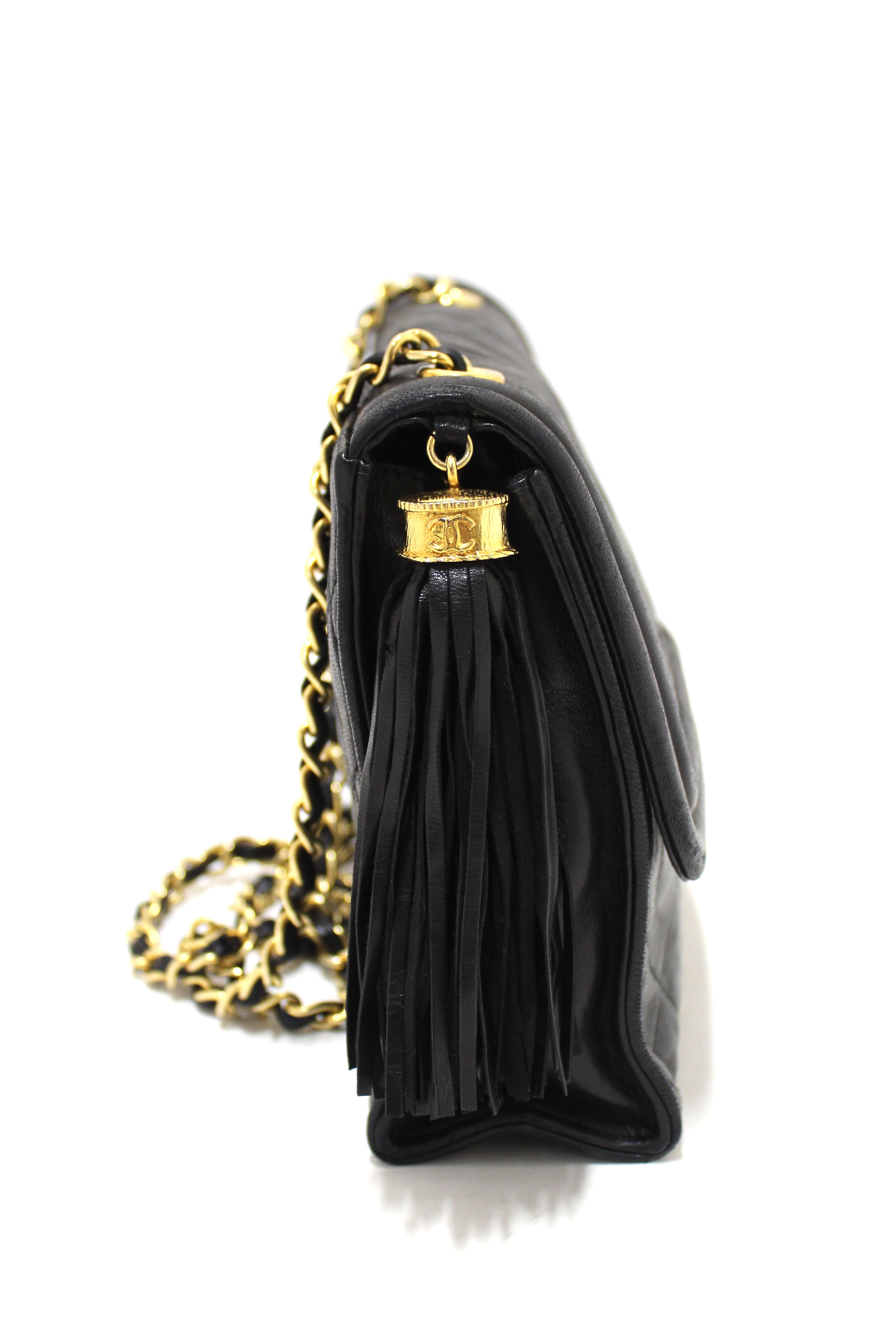 Authentic Chanel Vintage Black Quilted Lambskin Leather Tassel Flap Shoulder Bag for Women | Luxury Designer Crossbody Purse | Perfect for Evening Parties, Date Nights & Special Occasions