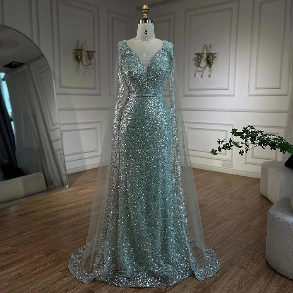 Elegant Arabic Turquoise Mermaid Evening Dress with Beaded Cape Sleeves for Women's Party | Dubai Luxury Formal Gown | Perfect for Weddings, Galas & Special Occasions - LA72574