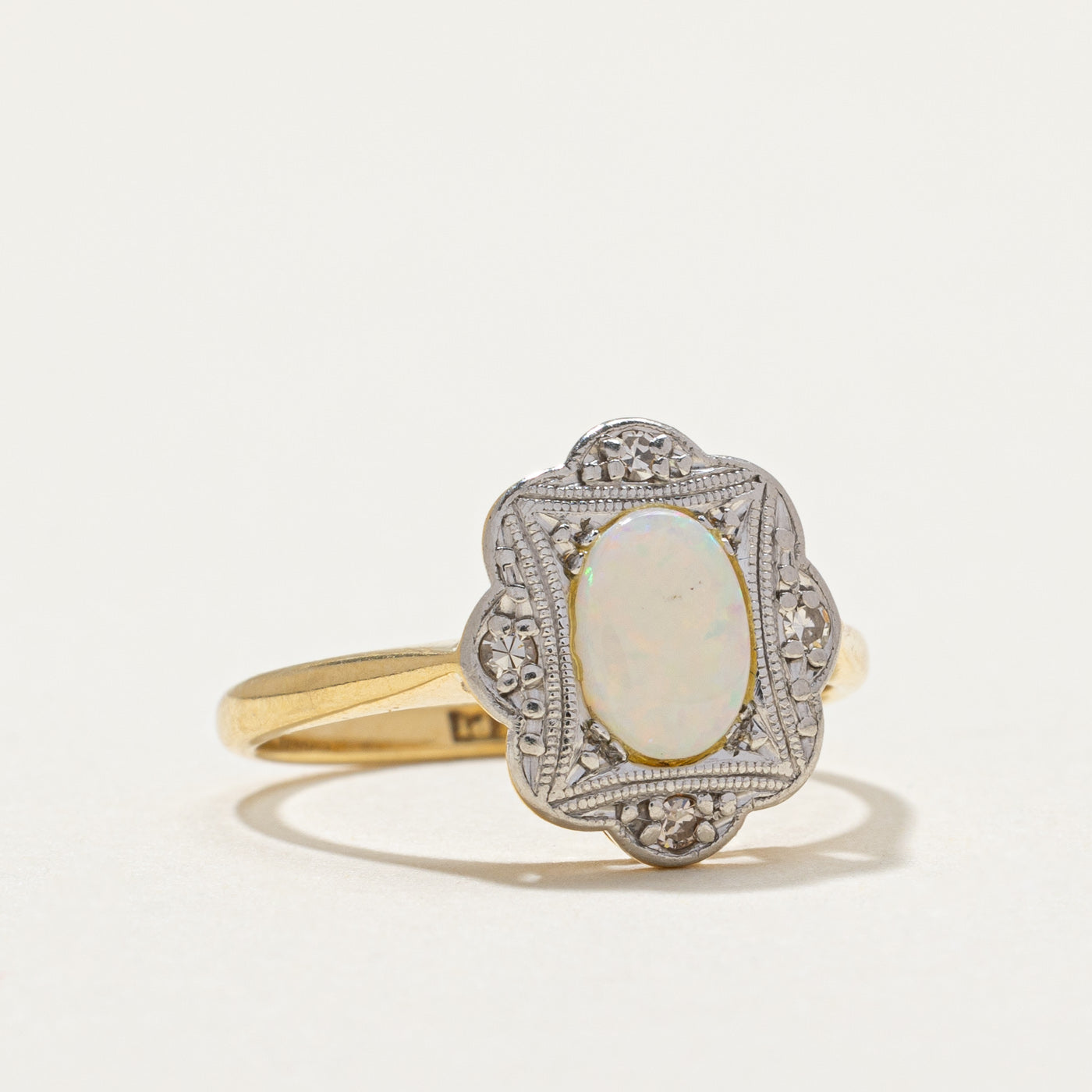 Edwardian Inspired Diamond and Opal 18k Gold Daisy Ring | 0.50ct Center Stone, 0.04ctw Accent Diamonds | Size 5.5 | Vintage Floral Engagement Ring, Wedding Band, Anniversary Gift for Her