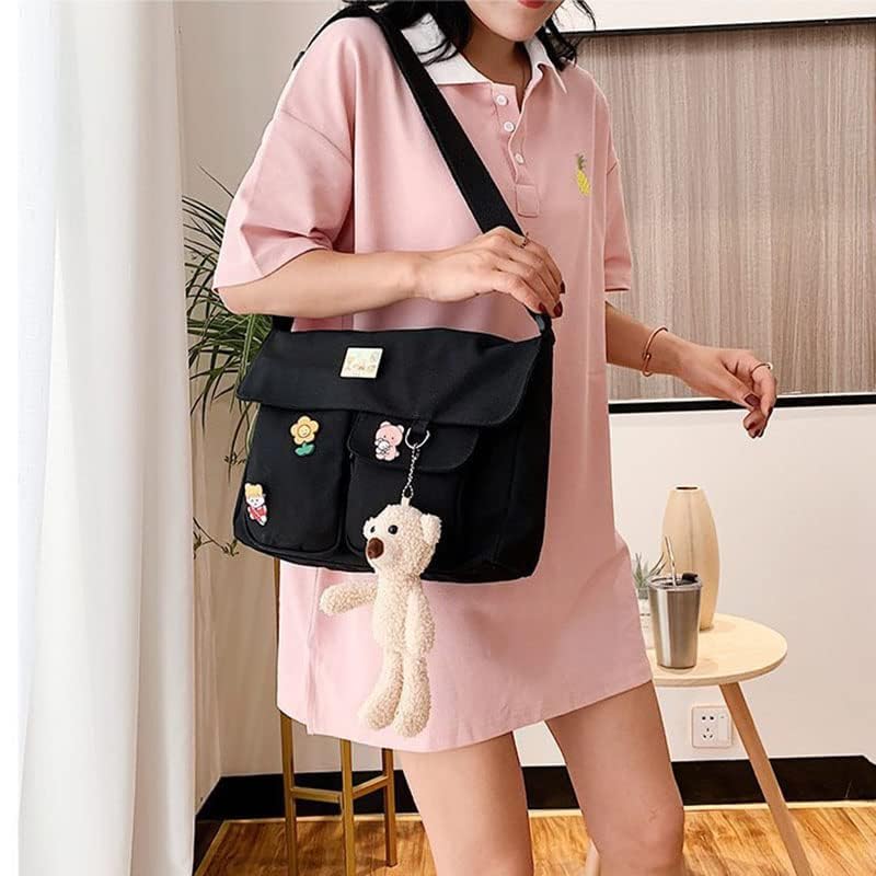 Stylish Canvas Crossbody Bag for Women & Girls - Cute Messenger Purse with Pins & Pendant - Fashionable Casual Shoulder Bag for School, Work & Travel