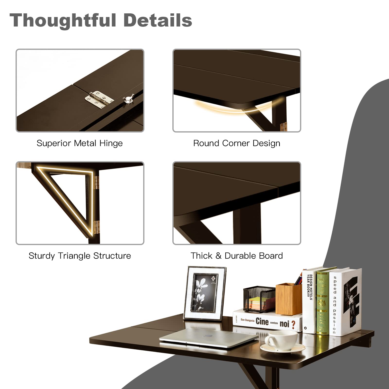 POWERSTONE Folding Wall Mounted Drop Leaf Table - Space Saving Collapsible Floating Desk for Small Spaces, Home Office, Garage, Bar, Study or Kitchen - Portable Workbench in Brown - Perfect for Apartments, Dorms & Tiny Homes
