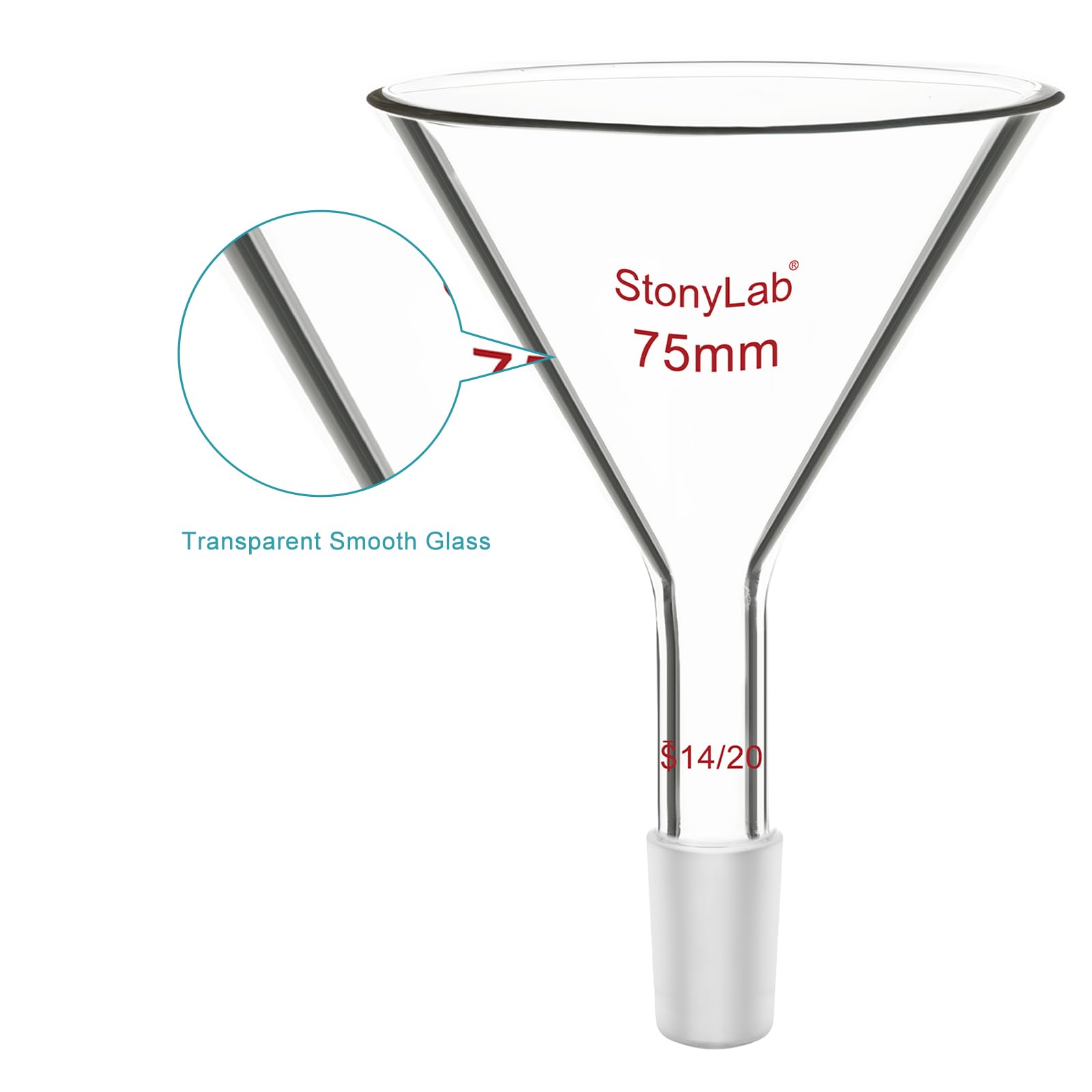 Stonylab Borosilicate Glass Powder Funnel - 14/20 Joint Size, 75mm Diameter Short Neck - Ideal for Chemistry Labs, Scientific Experiments & DIY Projects