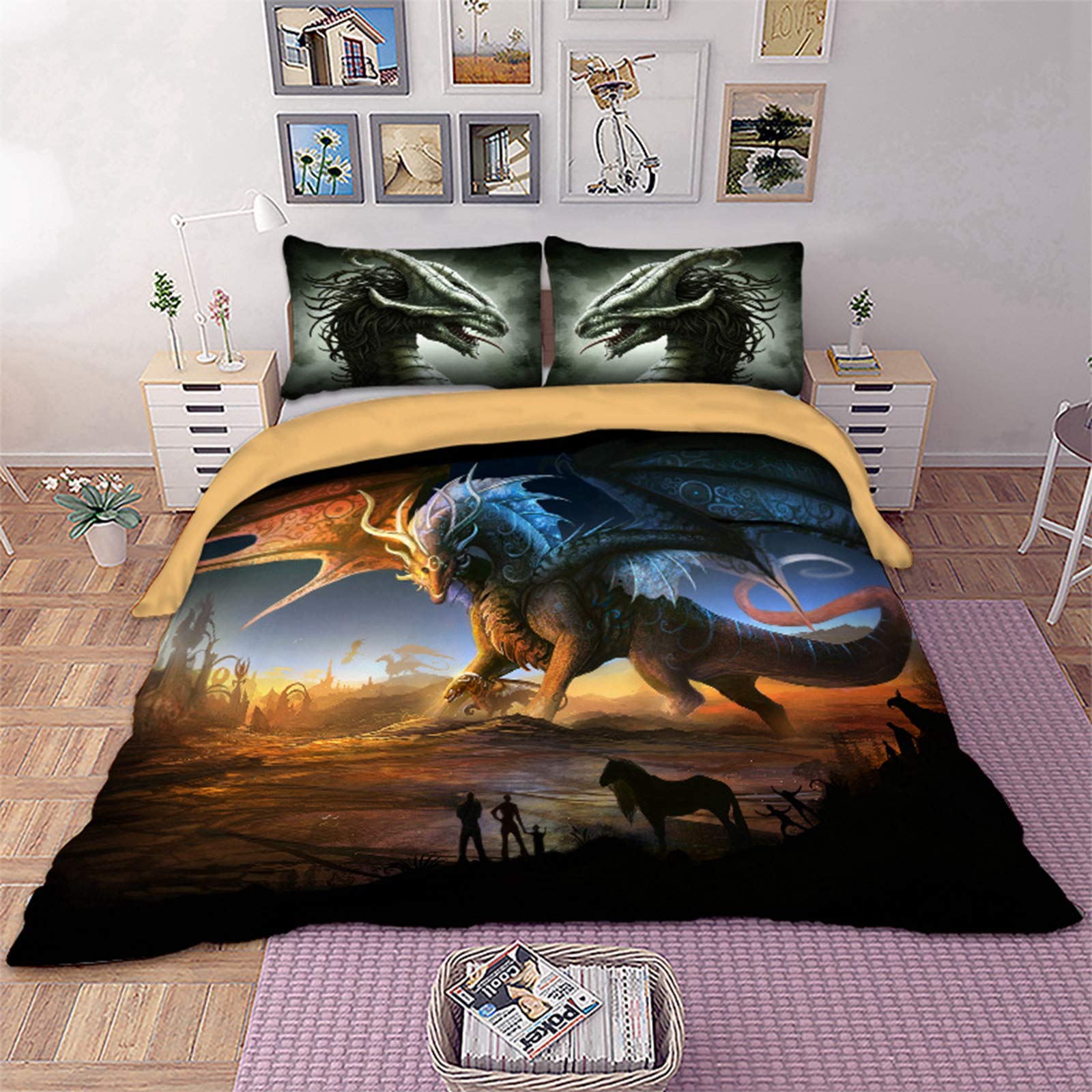 3D Dragon Duvet Cover - Queen Size Polyester Bedding Set for Fantasy Decor