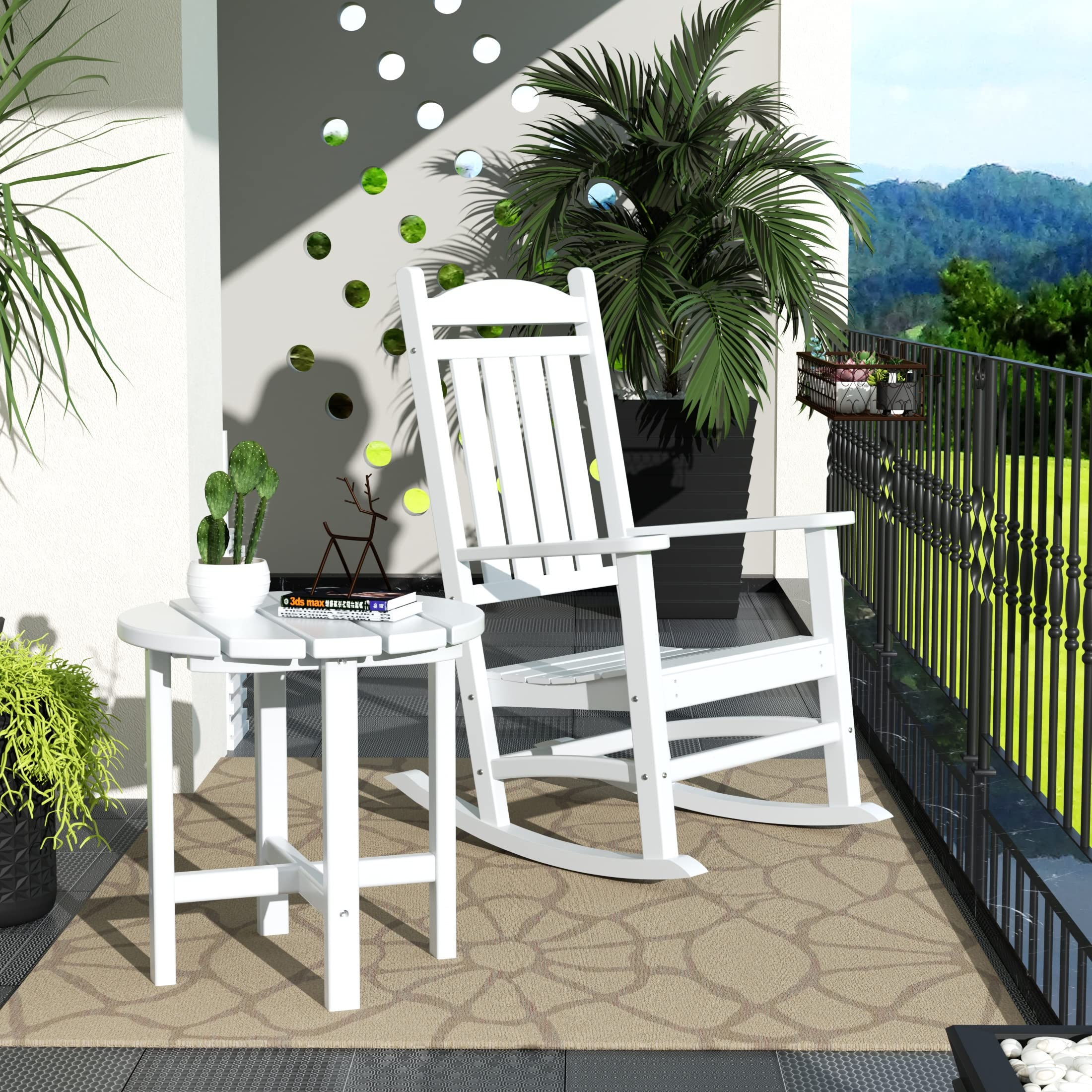 WO Home Furniture Patio Rocking Chair - Farmhouse Style Outdoor Rocker with HDPE & UV-Resistant Finish (White) - Perfect for Porch, Garden, Deck & Backyard Relaxation