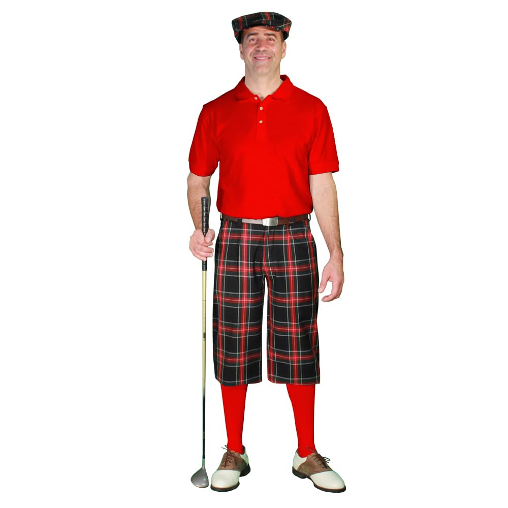 Black Stewart Golf Outfits for Men - Premium Red Tartan Polo Shirt & Pants Set - Perfect for Golf Tournaments & Country Club Events