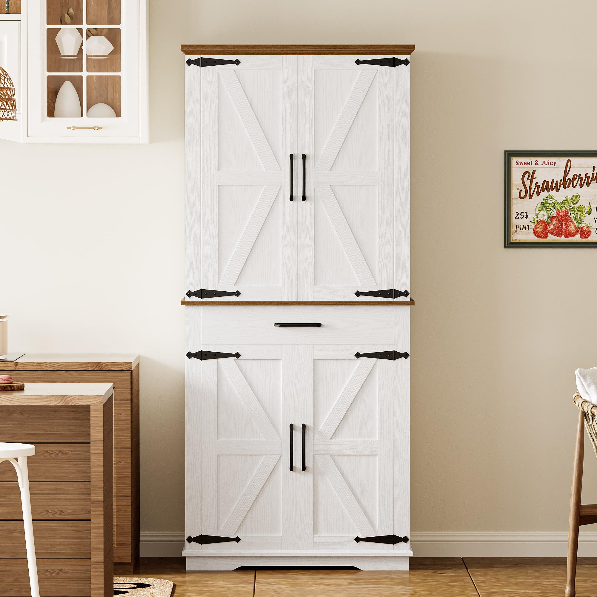 IRONCK Farmhouse Kitchen Pantry Cabinet - 6 Adjustable Shelves, Freestanding Storage Cupboard with Barn Doors for Kitchen & Dining Room (White/Walnut) - Perfect for Organizing Spices, Cookware & Home Decor