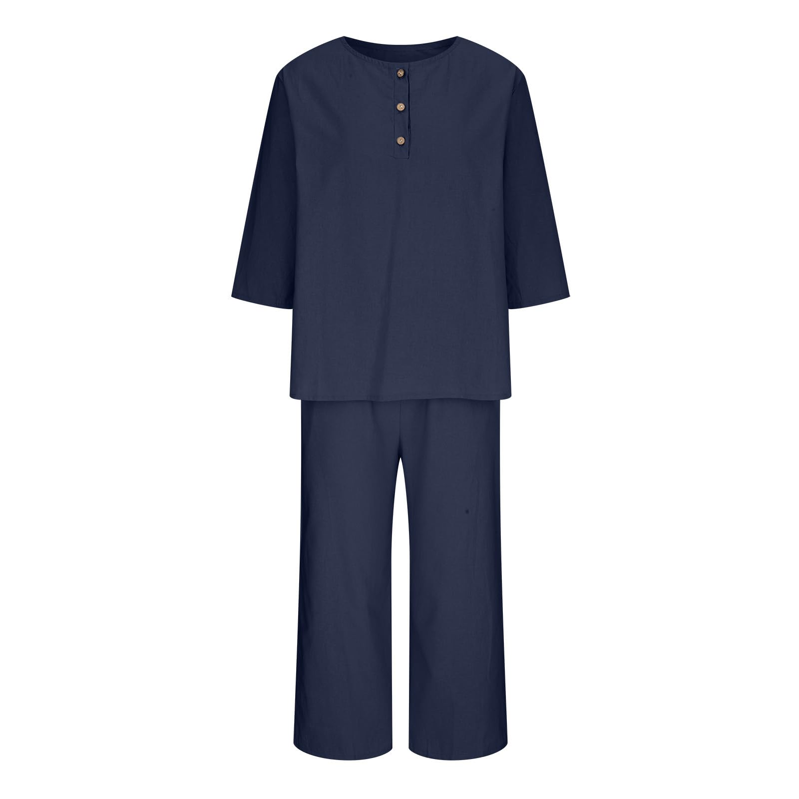 Oelaio 2024 Women's Plus Size Summer 2-Piece Outfit - Cotton Linen 3/4 Sleeve Shirt & Wide Leg Pants Lounge Set, Solid Color Trendy Travel Vacation Outfit for Casual Wear, Beach, and Relaxation