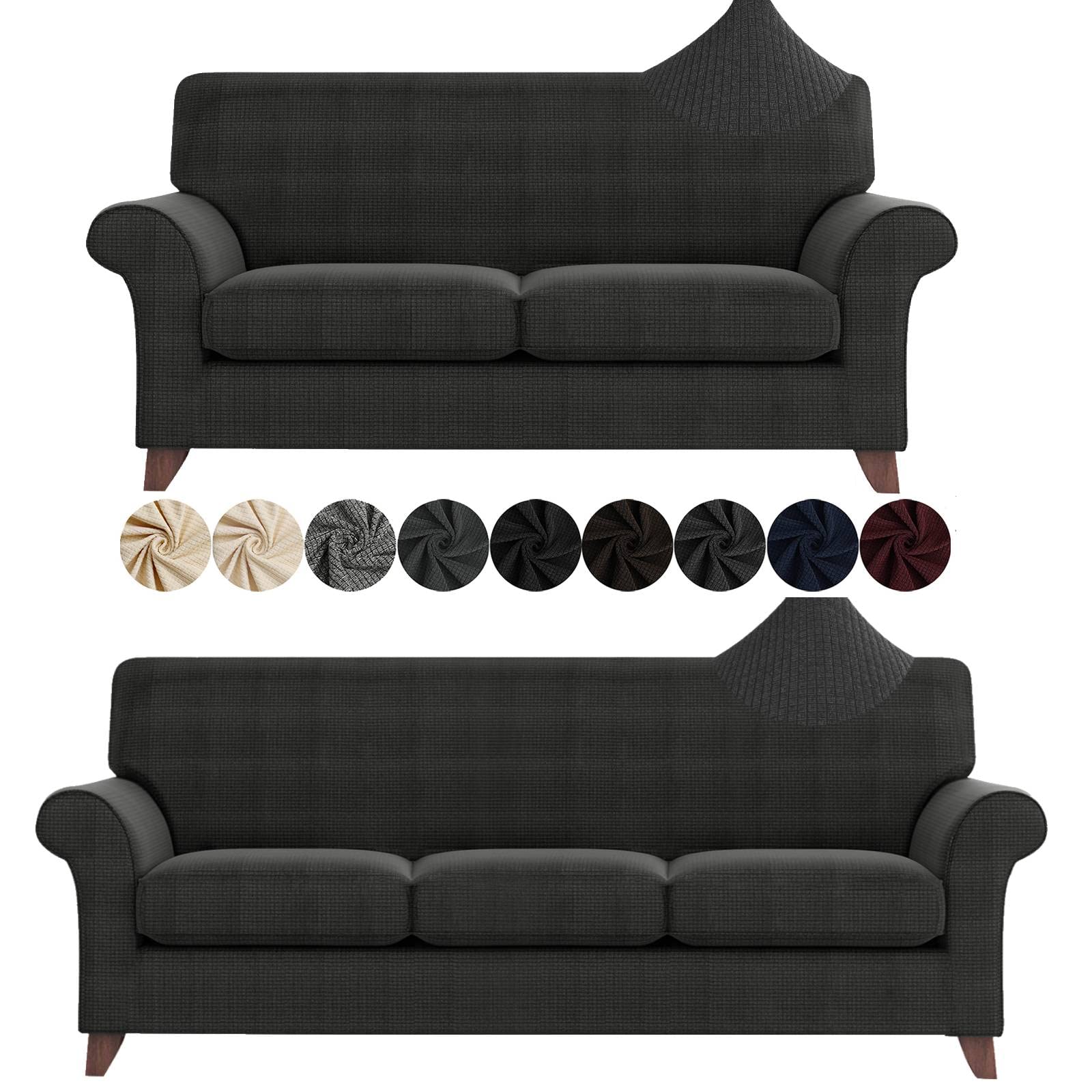 4-Piece 3-Cushion Sofa Cover & 3-Piece 2-Cushion Couch Slipcover Set - Dark Gray Stretchable Furniture Protector for Living Room, Sectional, Loveseat - Pet & Kid Friendly Home Decor