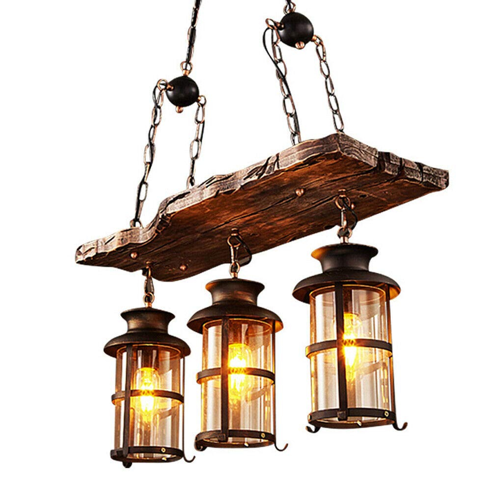 DYRABREST Industrial Farmhouse Wooden Chandelier - Rustic Hanging Pendant Light with Glass Shade, 3-Light Suspension Ceiling Fixture for Dining Room, Kitchen, or Living Room (E26/E27 Bulb Base)
