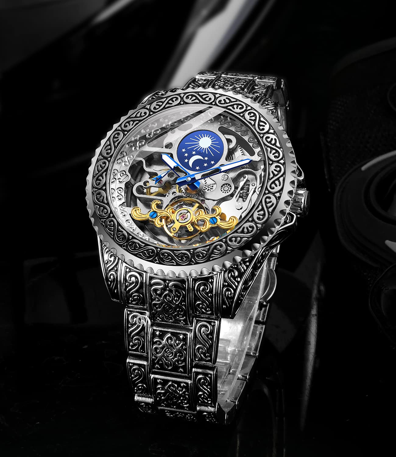 Mechanical Skeleton Watch for Men - Auto Wind Moonphase - Tattoo Pattern - FH094 - Perfect for Formal & Casual Wear