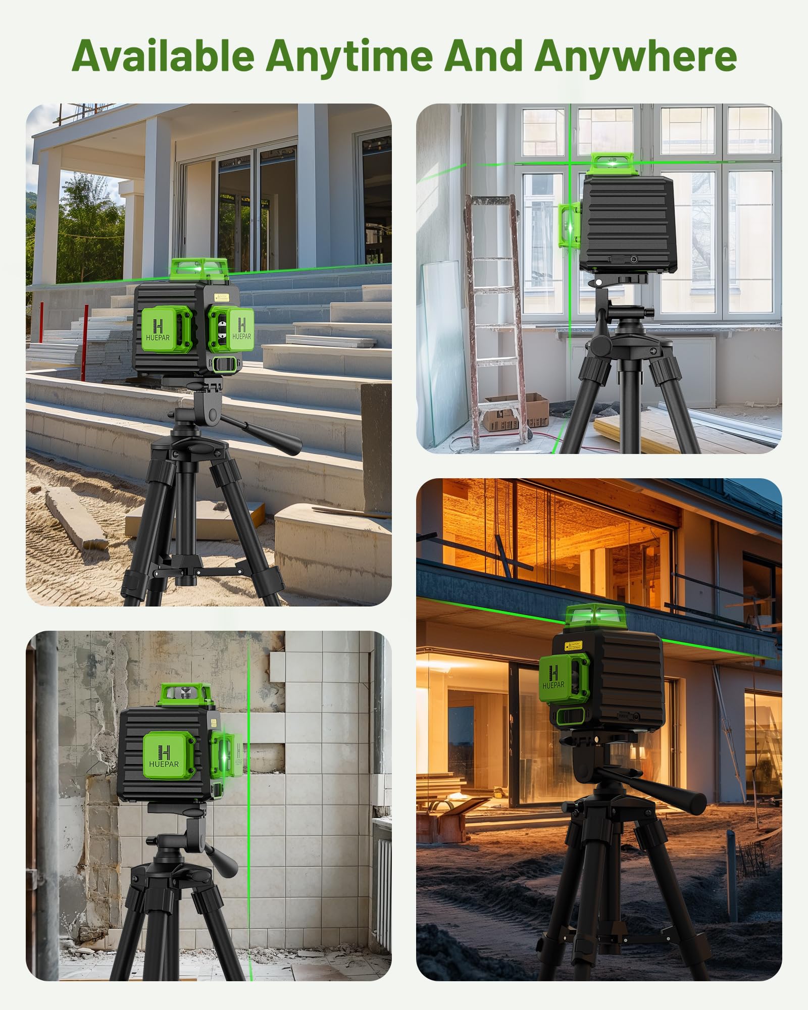 Huepar Professional 3D Laser Level 360° Self-Leveling Green Beam - 3x360 Cross Line Laser Level Tool with Li-ion Battery, Type-C Charging & Hard Carry Case - Perfect for Construction, Floor Tiling, and Wall Alignment (B03CG)