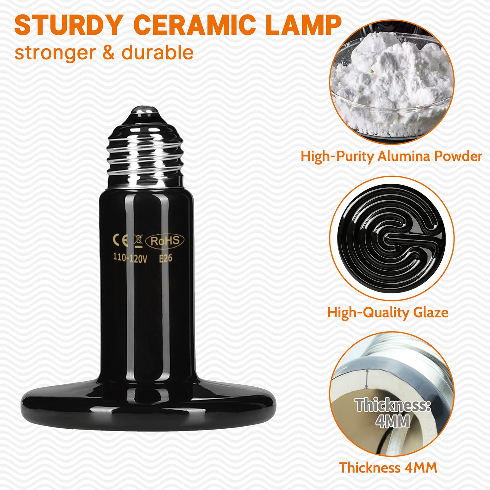 100W Ceramic Heat Emitter Bulb - Infrared Reptile Heating Lamp for Lizards, Snakes, Turtles - No Light Pet Heat Source for Terrariums, Brooder Coops & Small Animal Enclosures - Ideal for Reptile Tanks, Chicken Coops, Dog Houses & Cat Beds - Black