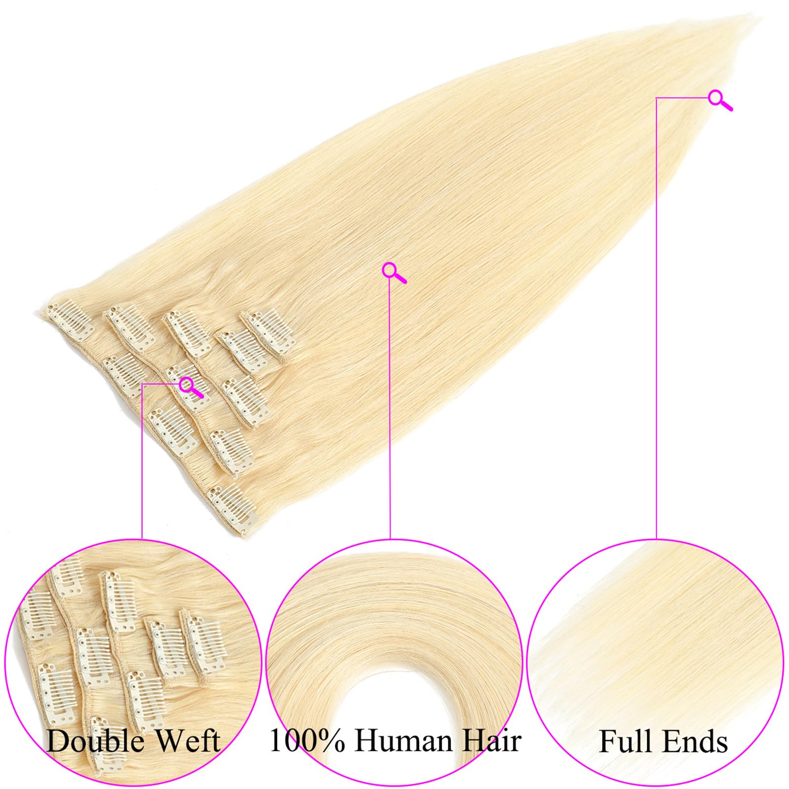 18-Inch Platinum Blonde Clip-In Human Hair Extensions #60 - 70g 5pcs Remy Straight Real Hair for Women - Thick Weft for Volume & Length - Perfect for Parties, Weddings & Daily Styling