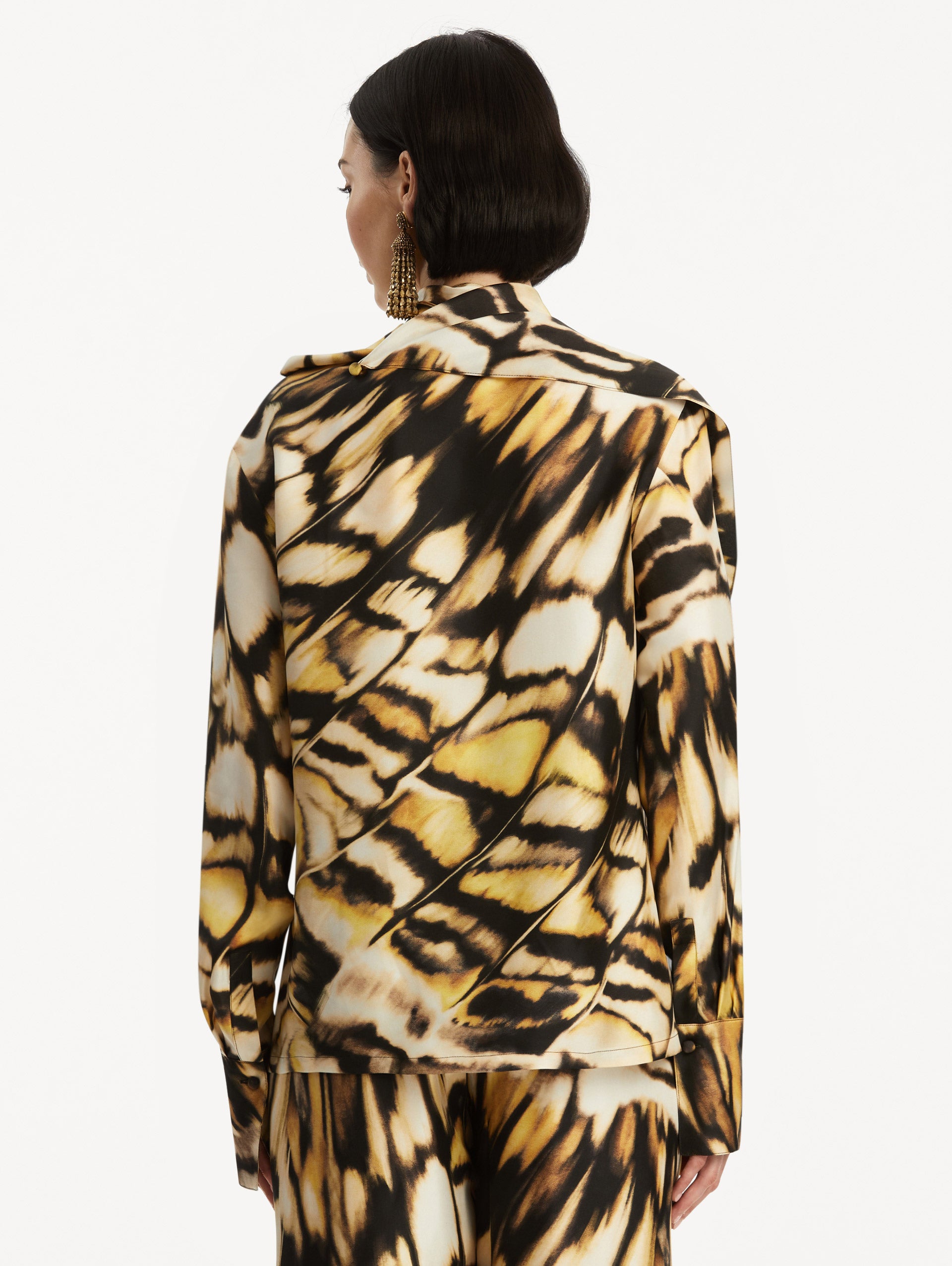 Abstract Butterfly Print Silk Twill Blouse for Women - Elegant Long Sleeve Shirt for Office, Party & Special Occasions