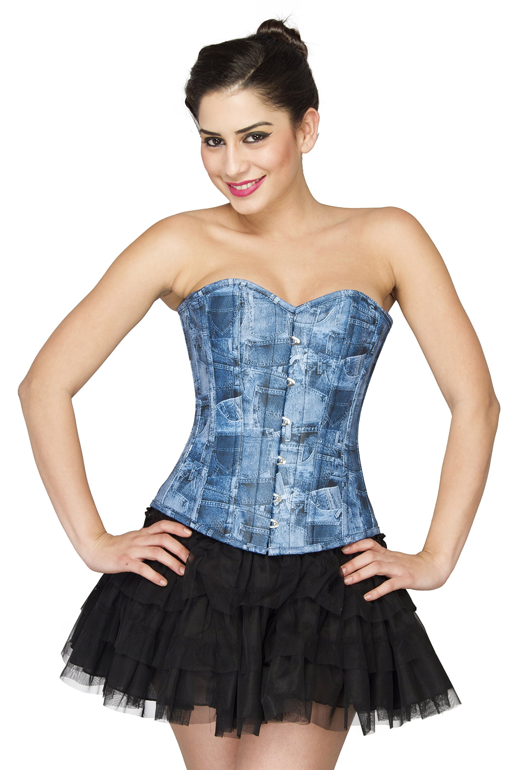 Blue Denim Print Faux Leather Steampunk Overbust Corset Dress with Black Satin & Net Detailing - Gothic Fashion, Cosplay Costume, Victorian Evening Wear for Women