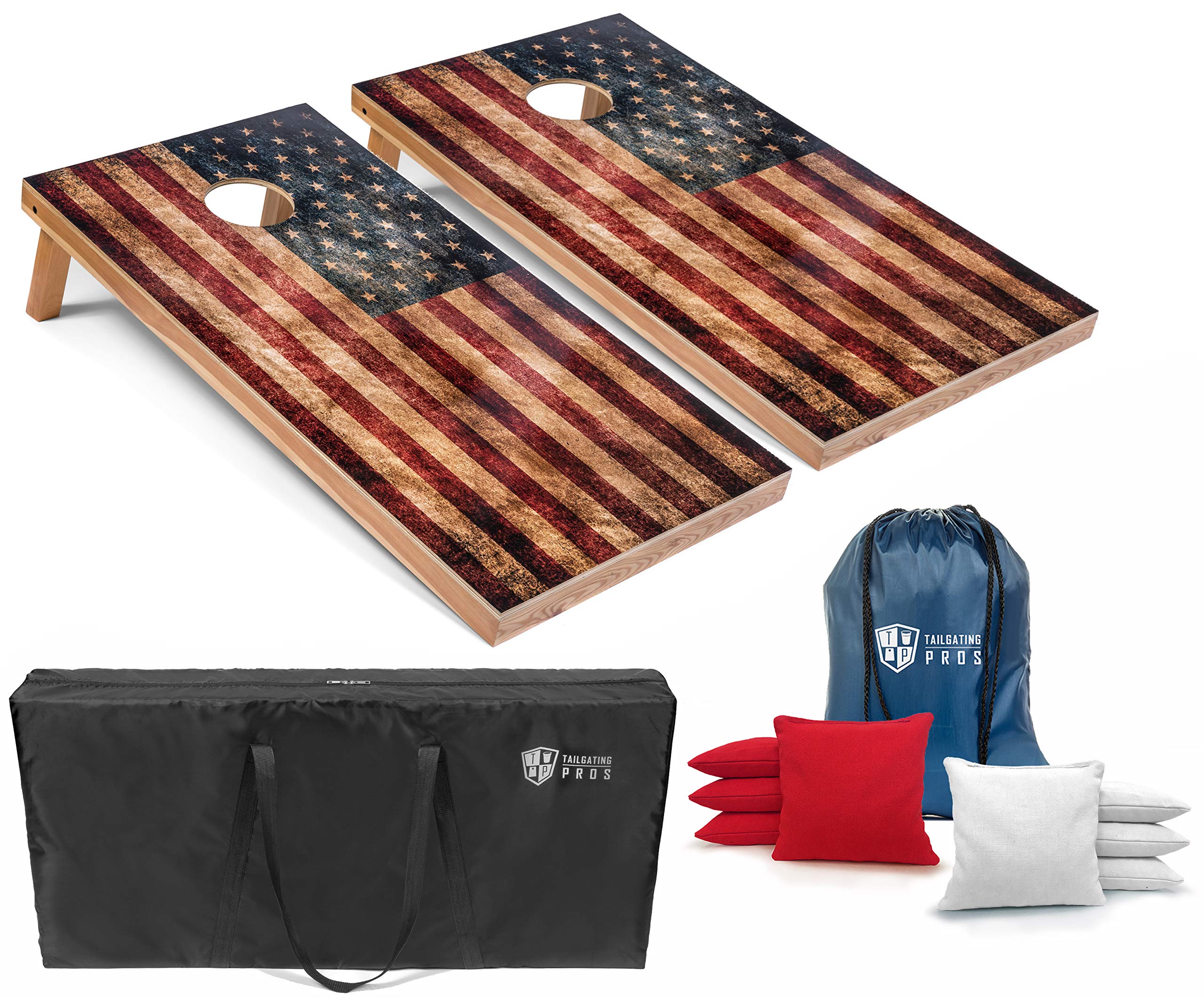 Rustic American Flag Cornhole Boards Set with LED Ring & Carrying Case – 4'x2' Distressed Wooden Cornhole Game with 8 Bean Bags – Perfect for Tailgate Parties, Backyard BBQs, and Outdoor Family Gatherings