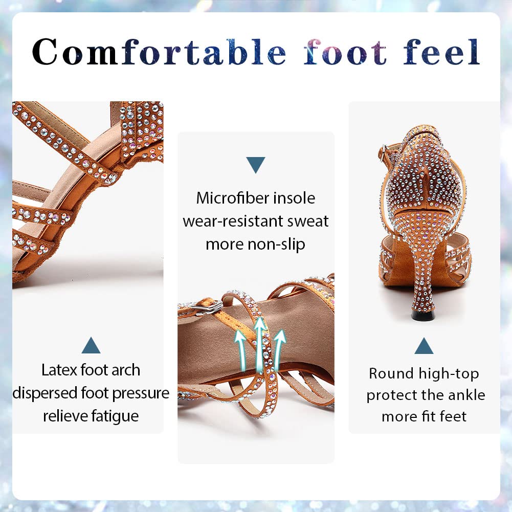 Professional Women's Rhinestone Latin Dance Shoes - 3.5 Inch Heel Open Toe Ballroom Salsa Shoes for Social Dancing | Perfect for Competitions, Performances & Dance Classes