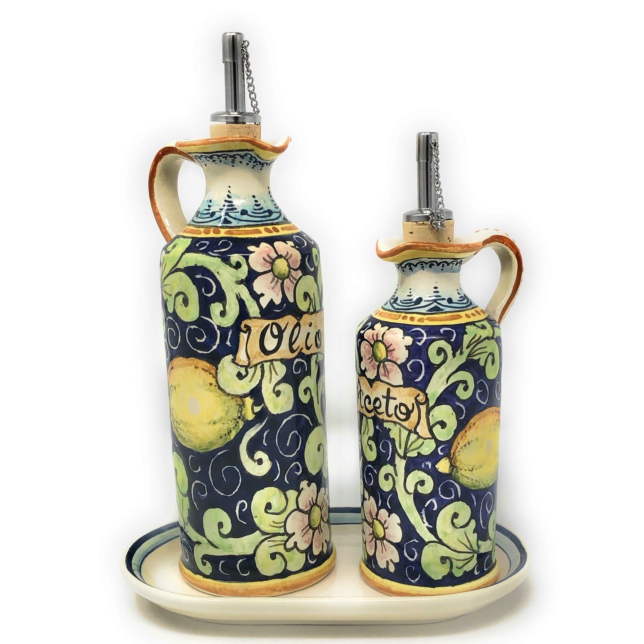 Italian Hand Painted Tuscan Ceramic Oil Cruet & Vinegar Bottle Set - Artisanal Lemon Decor Pottery from Italy | Perfect for Kitchen Decor, Olive Oil Dispenser & Gourmet Dining