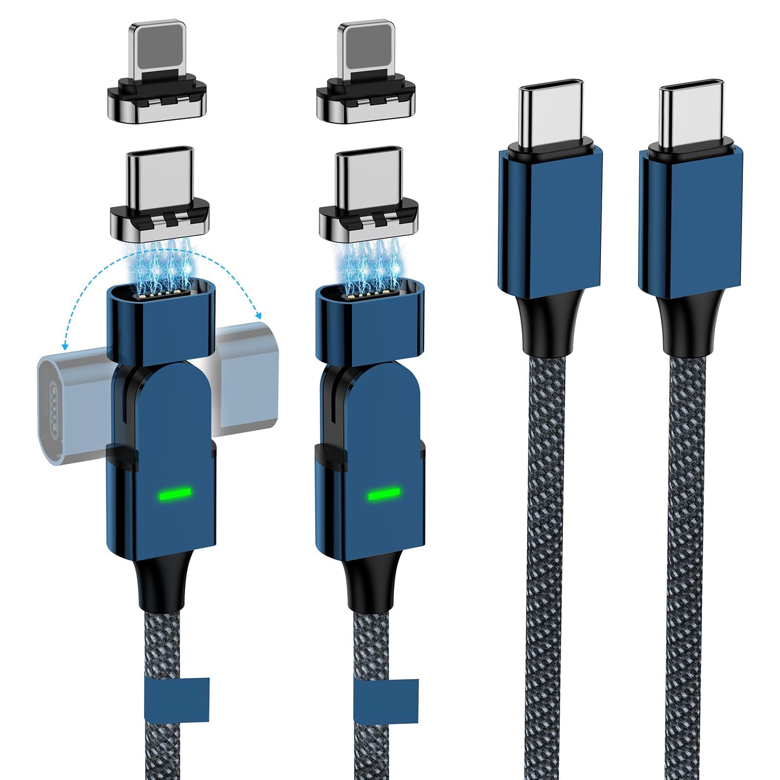100W USB C Magnetic Charging Cable [2 Pack, 4/6.6ft] - Fast 480Mbps Data Transfer, 180° Rotation 2-in-1 Design - Compatible with iPhone 16/15/14/13, iPad, MacBook Pro, Galaxy S22 - Perfect for Home, Office & Travel Charging (Blue)