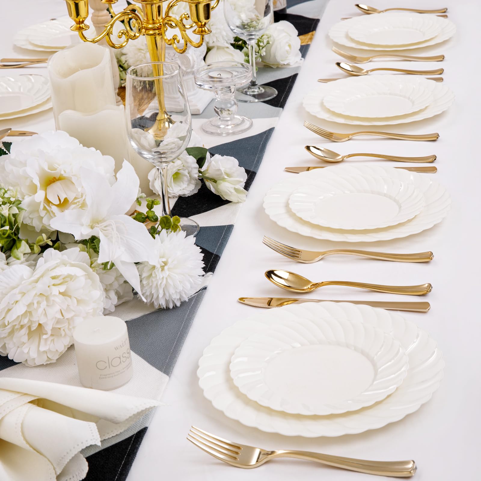 Premium 100-Piece Ivory Scalloped Plastic Plates Set for Parties - Heavy Duty Disposable Dinnerware (50PCS 9'' & 50PCS 6.5'') - Elegant Plastic Plates for Weddings, Birthdays, Baby Showers & Special Events