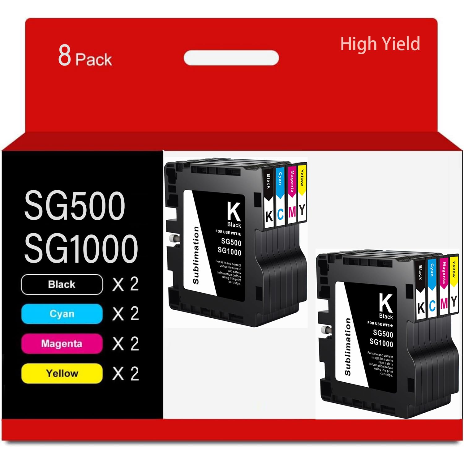 Sawgrass SG500 & SG1000 Printer Sublimation Ink Cartridges - 8-Pack (2 Black, 2 Cyan, 2 Magenta, 2 Yellow) - High-Quality Dye Sublimation Ink for T-Shirts, Mugs & Custom Gifts