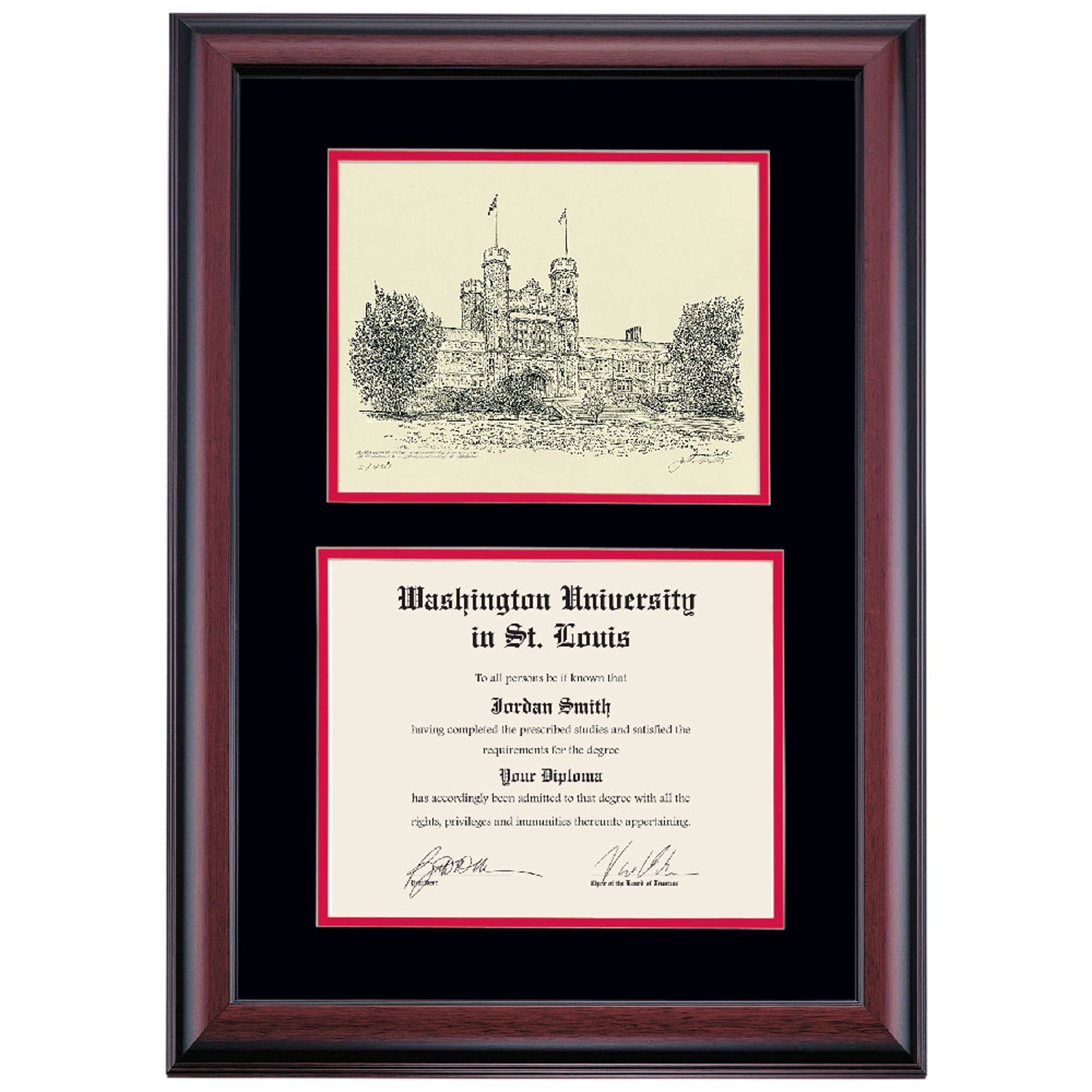 Washington University in St. Louis Bears Diploma Frame - 8.5x11 Premium Display for Certificates & Diplomas | Black/Cherry Mat with Brookings Hall Pen & Ink Design | Perfect Graduation Gift for Alumni & Students | Office Decor & Home Display