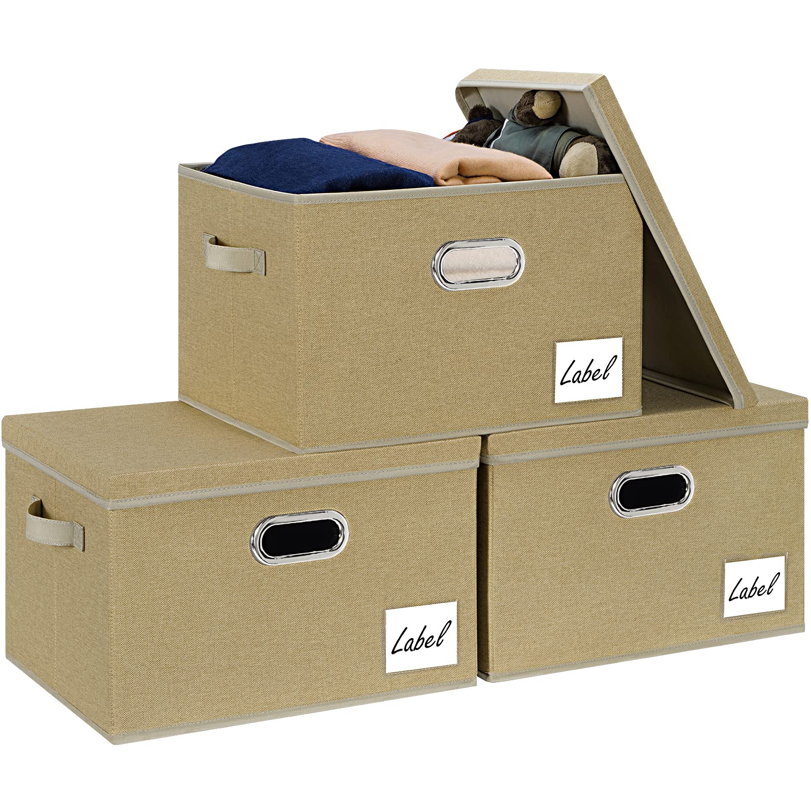 Extra Large Fabric Storage Bins with Lids 3-Pack - Foldable Linen Storage Boxes with Handles & Label Window (15.75x11.8x10.2 Inch, Beige) - Perfect for Bedroom Closet, Shelves & Home Organization