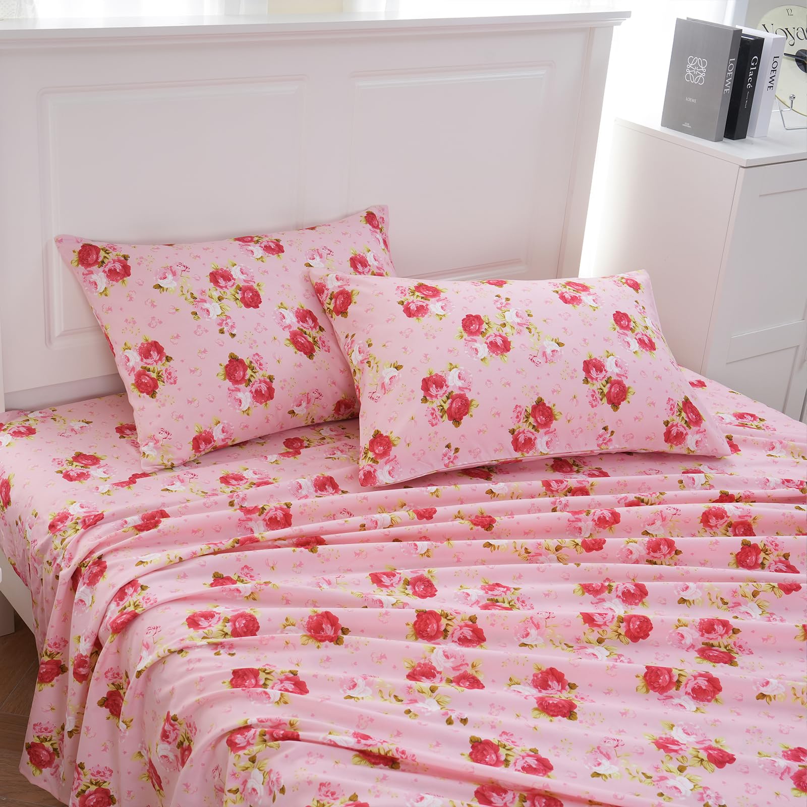 MEISHANG Queen Sheet Set - Floral Deep Pocket Sheets, Ultra Soft Brushed Microfiber Bedding for 16