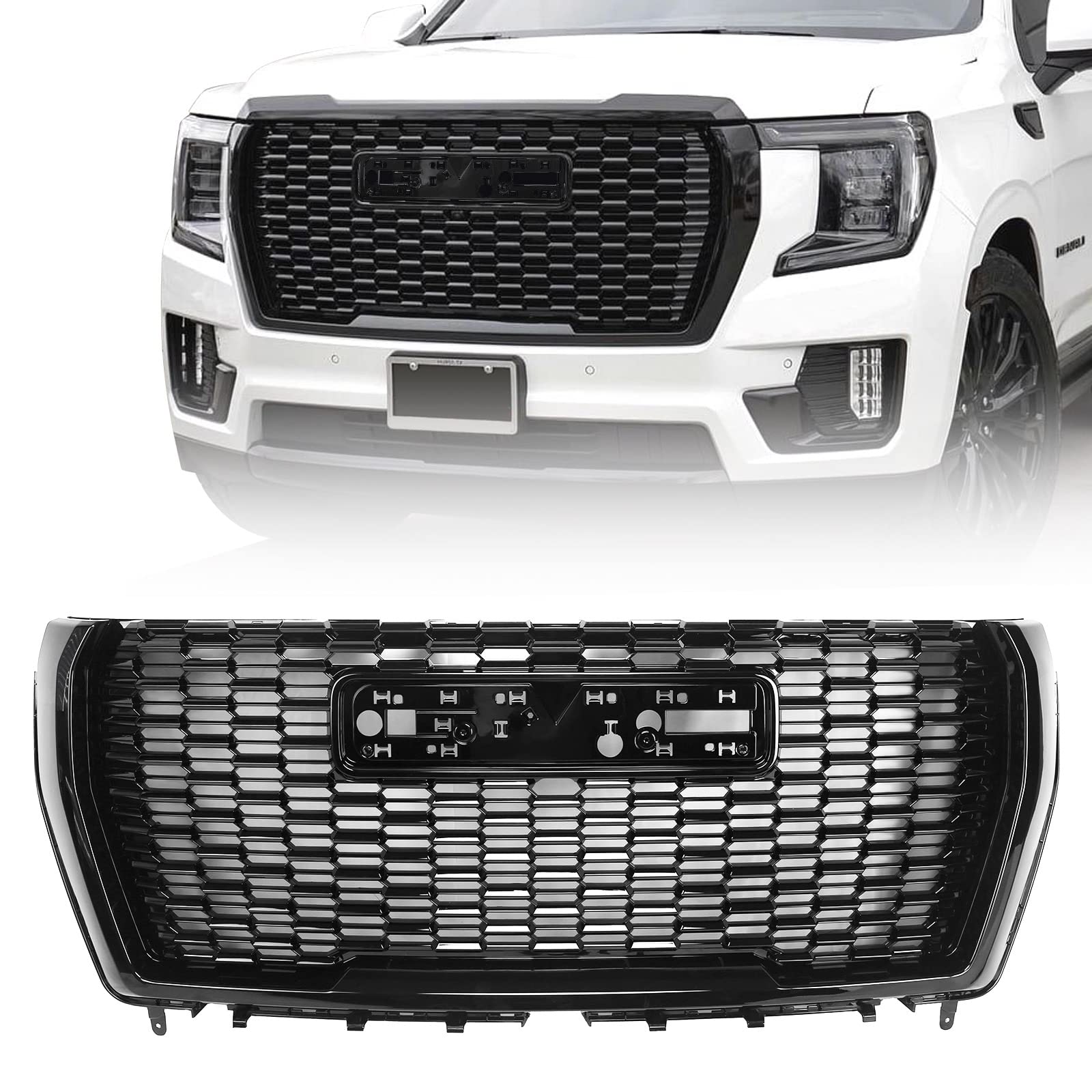 FIONE Front Bumper Grille Grill Compatible With 2021-2023 GMC Yukon & Yukon XL Denali Style - Honeycomb Glossy Black Grill Assembly (Part# 84835786) - Upgrade Your SUV's Appearance for Off-Roading & Urban Driving