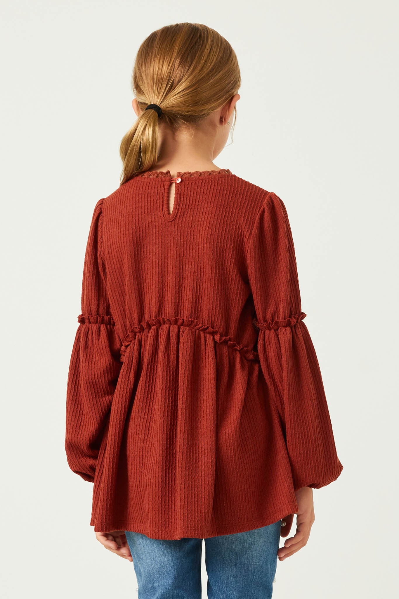 Elegant Lace Trimmed Ruffle Long Sleeve Knit Top for Women | Soft Stretch Casual Blouse | Perfect for Office Wear, Date Nights & Fall Layering
