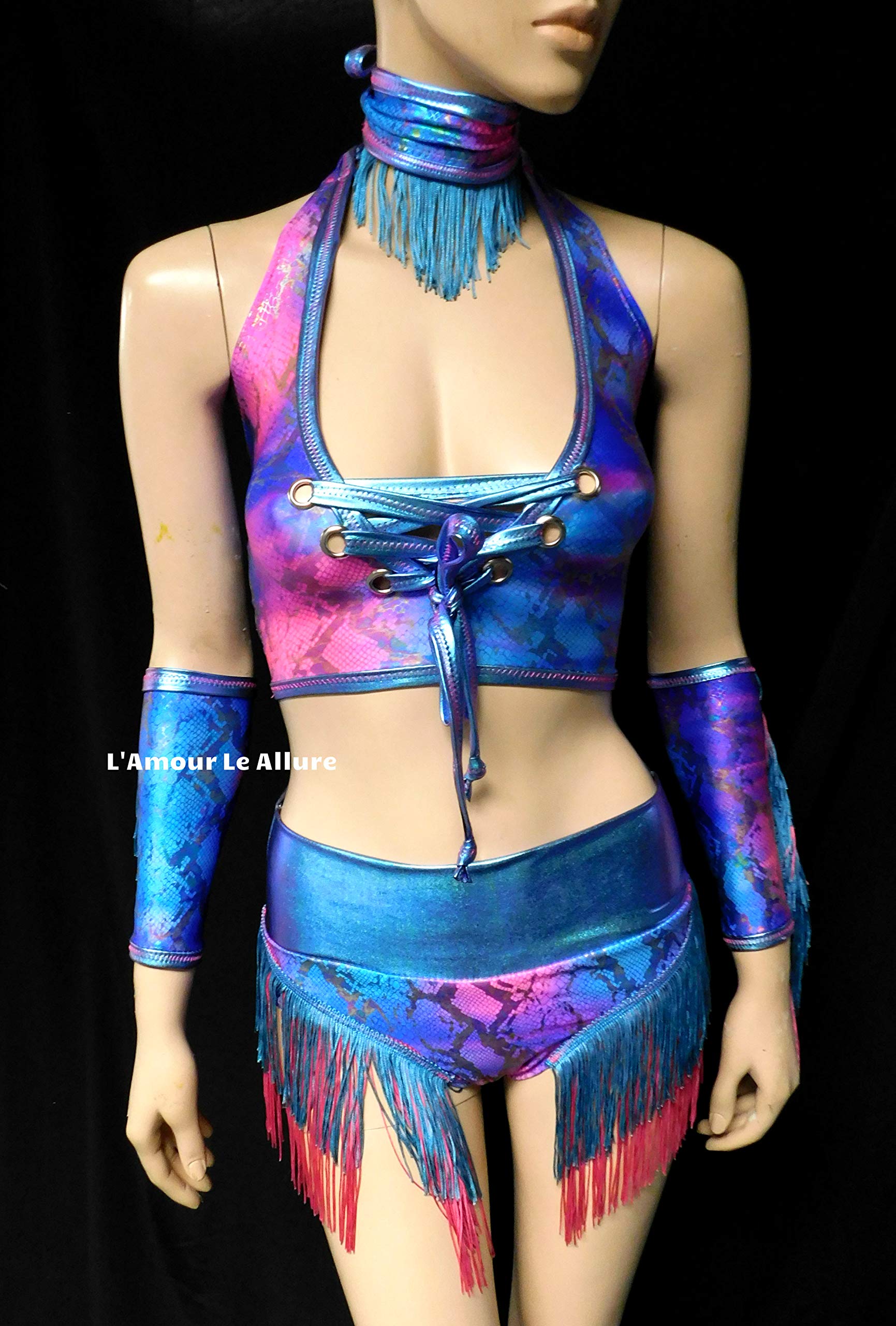 Blue & Pink Holographic Fringe Snake Print Cowgirl Outfit - Halter Top & High Waist Scrunchie Shorts Set for Music Festivals, Rodeo Parties & Western Fashion