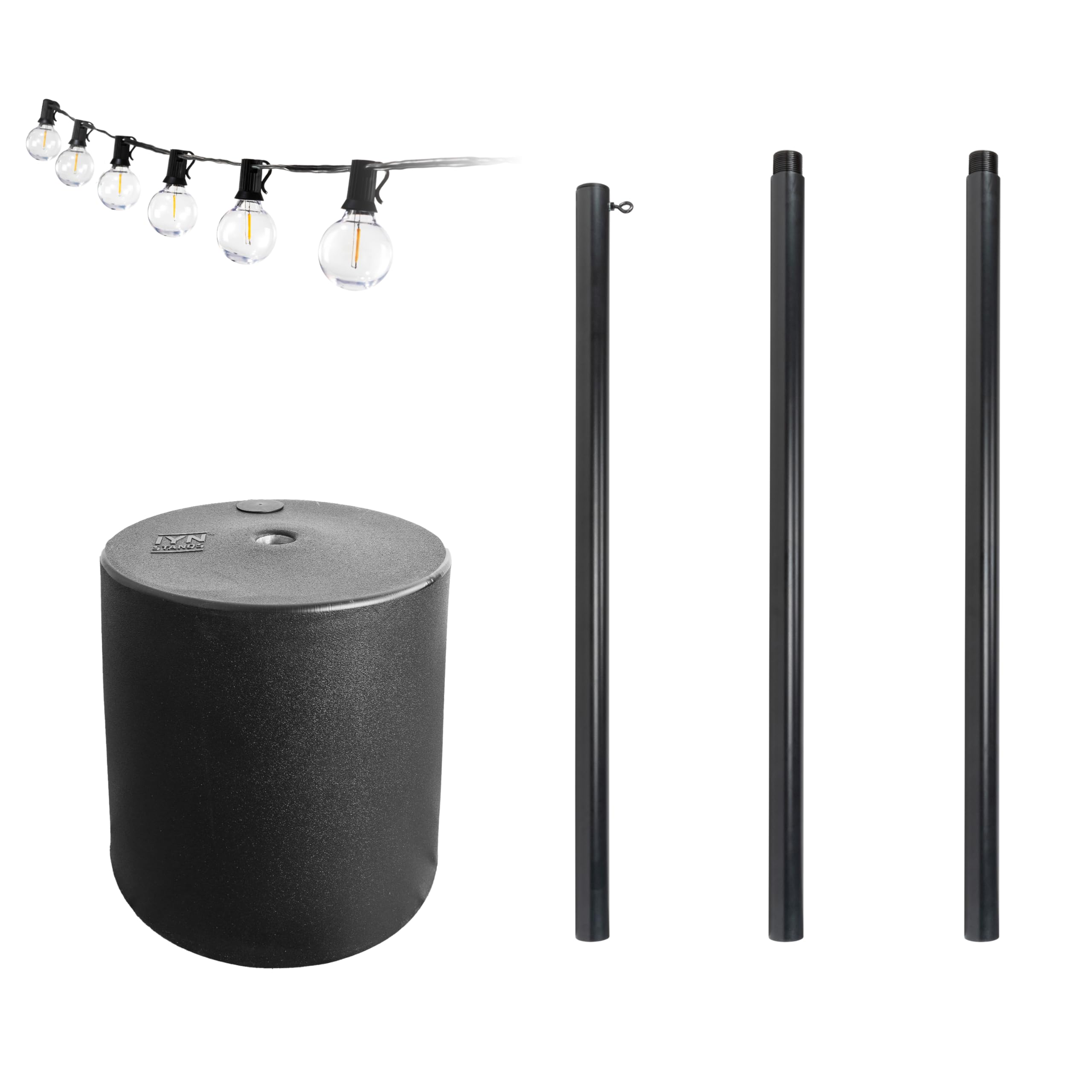 Heavy-Duty 9.5ft Black Outdoor String Light Pole Stand with 30ft G40 Bulbs - Freestanding Tank Base for Patio, Garden, Deck, Wedding & Backyard Lighting Decor | Perfect for Outdoor Parties, BBQ Nights and Landscape Illumination
