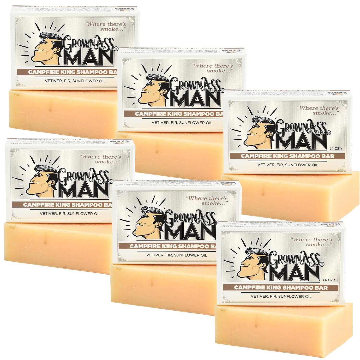 Natural Solid Shampoo Bar 3-in-1 for Hair, Beard & Body - Plastic-Free, Eco-Friendly Organic Cleanser for All Hair Types | 4oz Vegan Shampoo Bar (6-Pack, Campfire King Scent) - Perfect for Travel, Camping & Zero-Waste Lifestyle