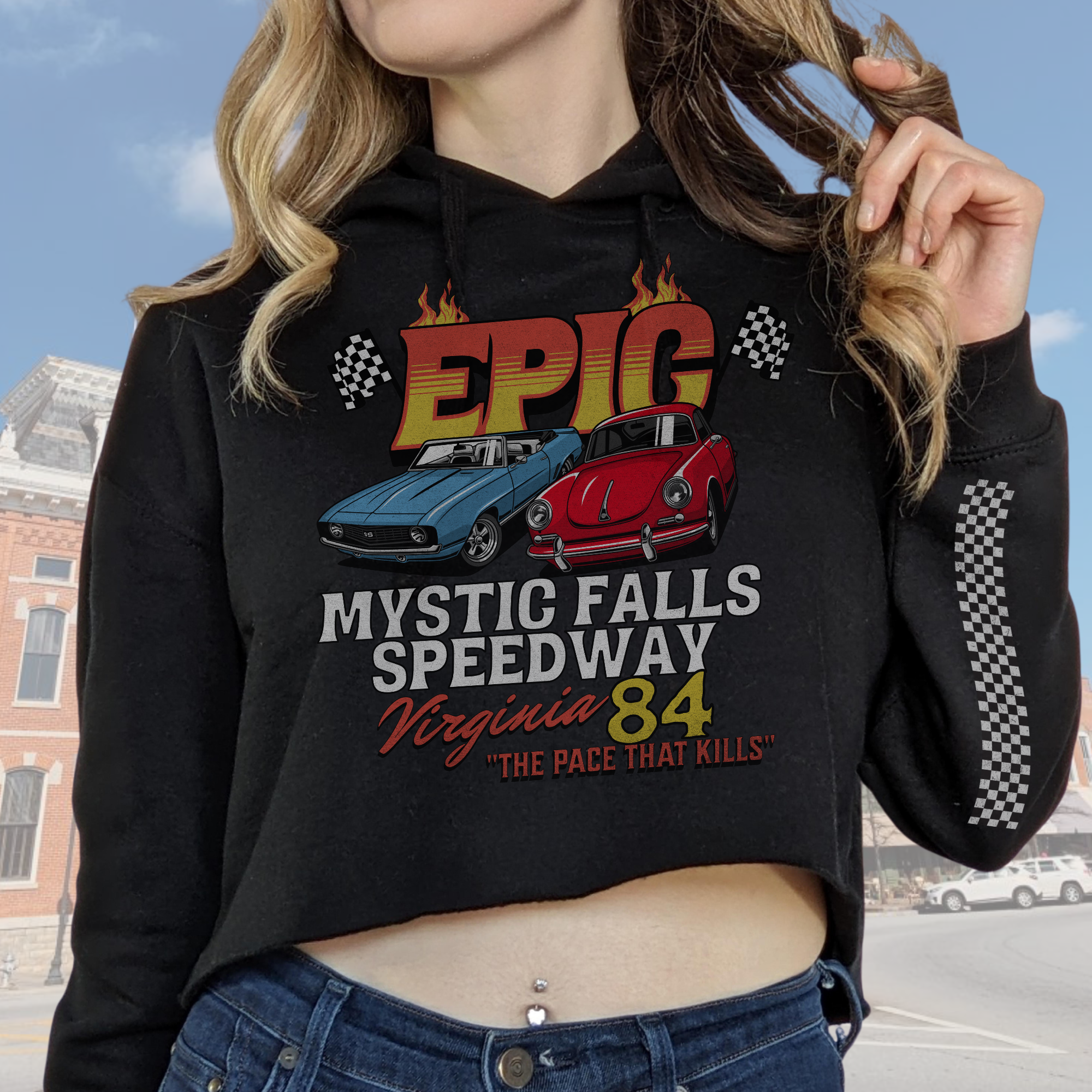 Mystic Falls Raceway Cropped Hoodie for Women - Stylish Zip Up Sweatshirt with Front Pockets | Perfect for Casual Outfits, Running Errands & Streetwear Fashion