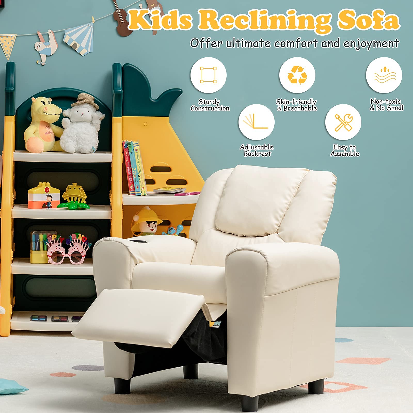Kids Recliner Sofa Chair with Cup Holder, Adjustable Headrest & Footrest - PU Leather Toddler Armchair for Boys & Girls, Nursery, Playroom, Bedroom (Beige) - Perfect for Reading, Watching TV & Relaxing