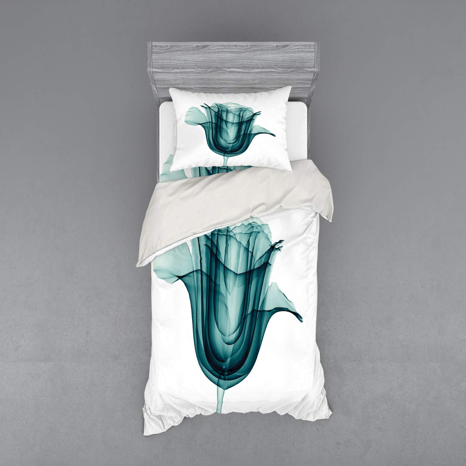 Ambesonne Floral Duvet Cover Set - X-ray Rose Flower Print 3-Piece Bedding Set with Sham & Fitted Sheet, Twin Size, Teal & White | Romantic Nature-Themed Bedroom Decor for Teens & Adults