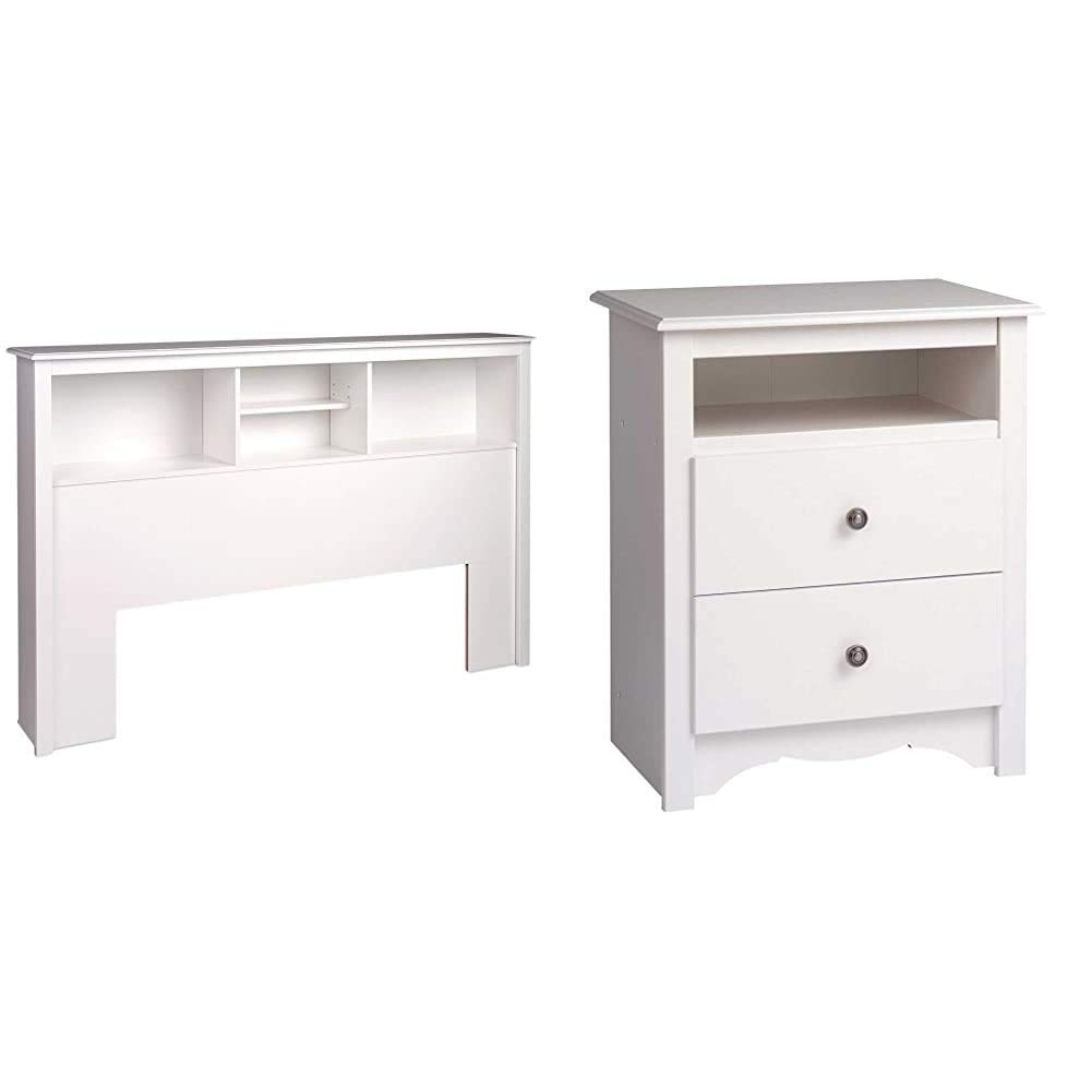 Prepac Full/Queen Size White Bookcase Headboard with Built-in Storage & Sonoma White Nightstand with Open Shelf - Perfect for Bedroom Organization and Stylish Home Decor