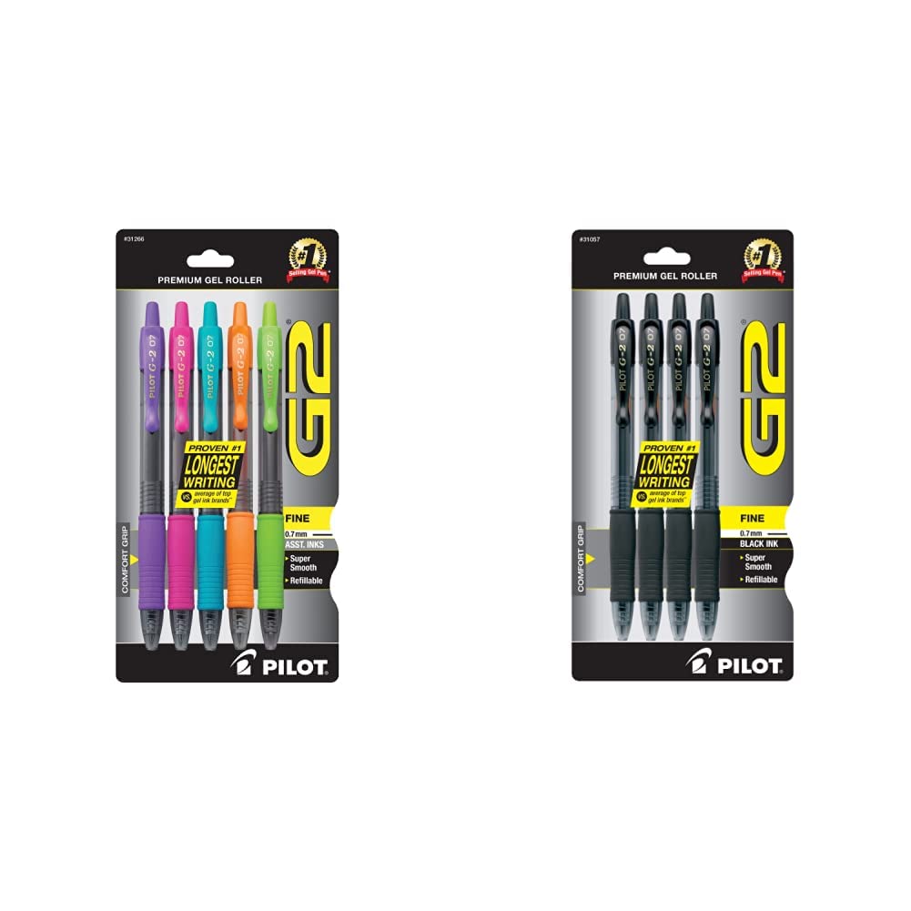 Premium PILOT G2 Retractable Gel Pens Set - 5 Pack Colorful Inks (Purple/Pink/Turquoise/Orange/Lime) + 4 Pack Black Ink Refillable Pens - Smooth Rolling Ball Writing for Office, School & Creative Journaling