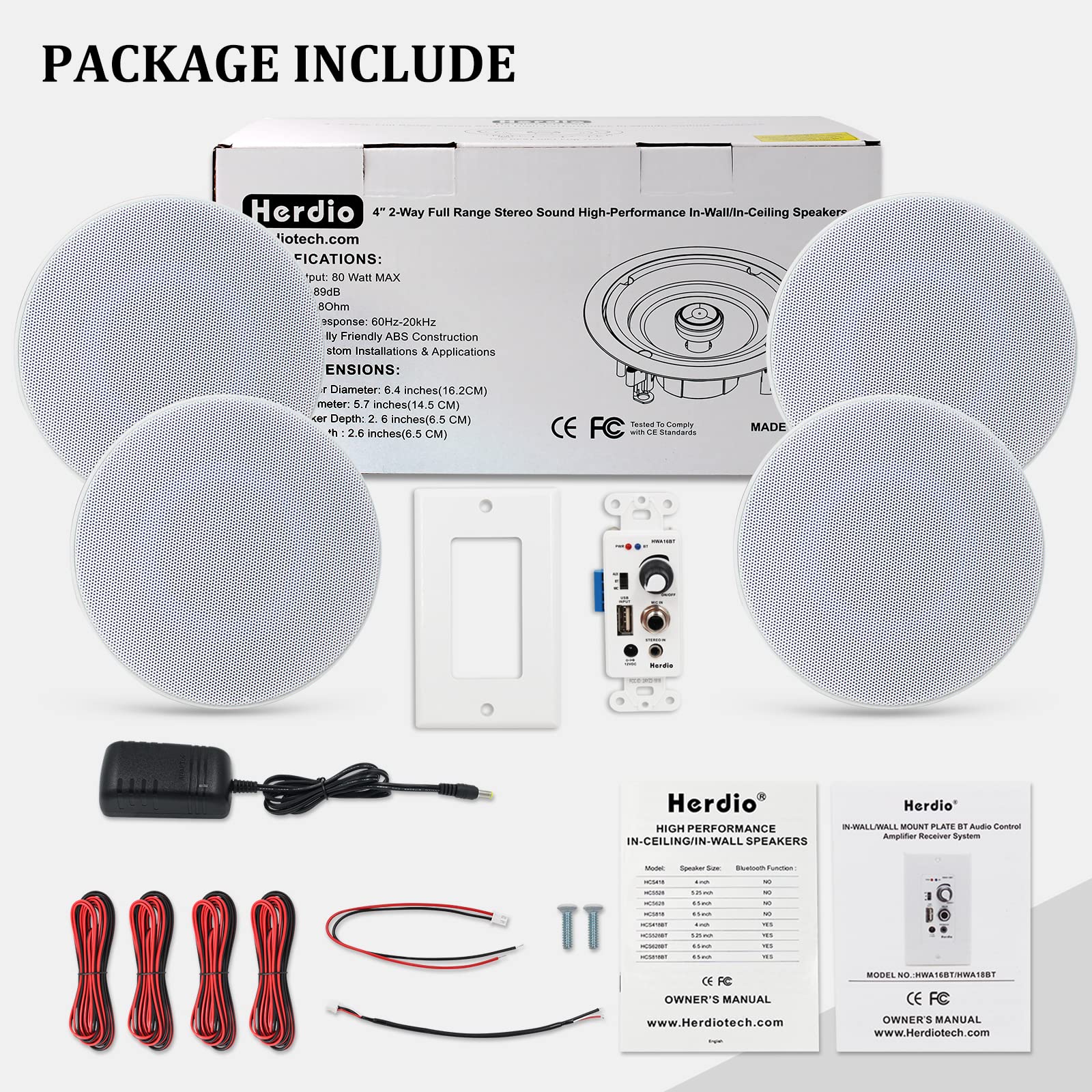 Herdio 4 Inch 2-Way Bluetooth Ceiling Speakers with 4 Channel Amplifier Receiver - Wireless/Wired Home Audio System for Home Theater, Living Room, Office & Outdoor Entertainment (Set of 4)