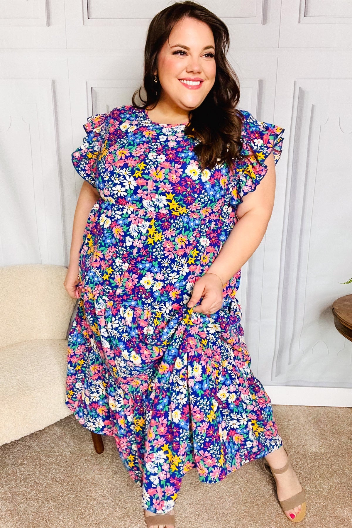 Haptics Just A Dream Navy Floral Smocked Ruffle Sleeve Maxi Dress - Elegant Summer Beach Wedding Guest Dress for Women