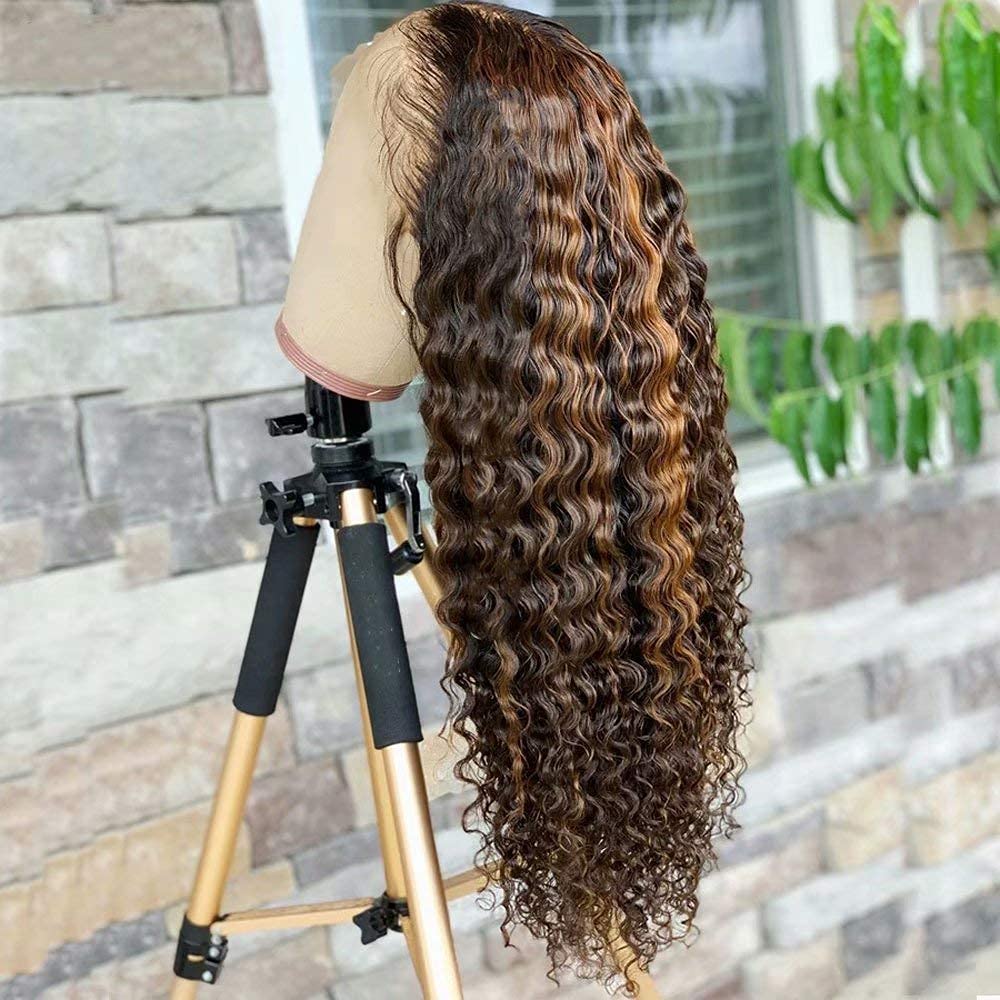 13x6 HD Transparent Lace Front Wig - 26inch Brazilian Deep Wave Human Hair Wig for Women | Pre Plucked Bleached Knots, Ombre T4/27 Color, Natural Curly Style | Perfect for Daily Wear, Cosplay & Special Occasions